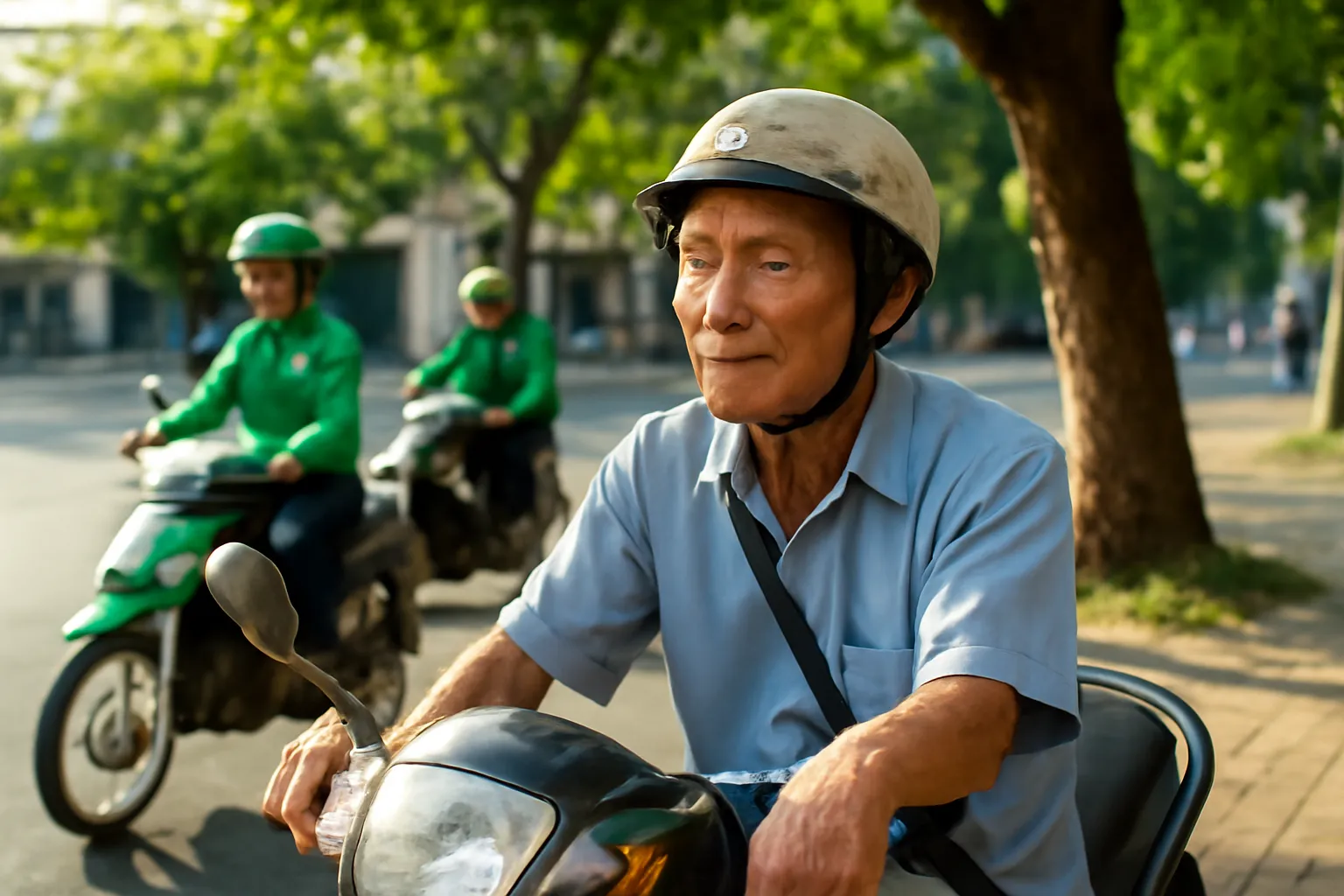 Bác xe ôm lớn tuổi ngồi chờ khách trên xe máy ở góc phố
