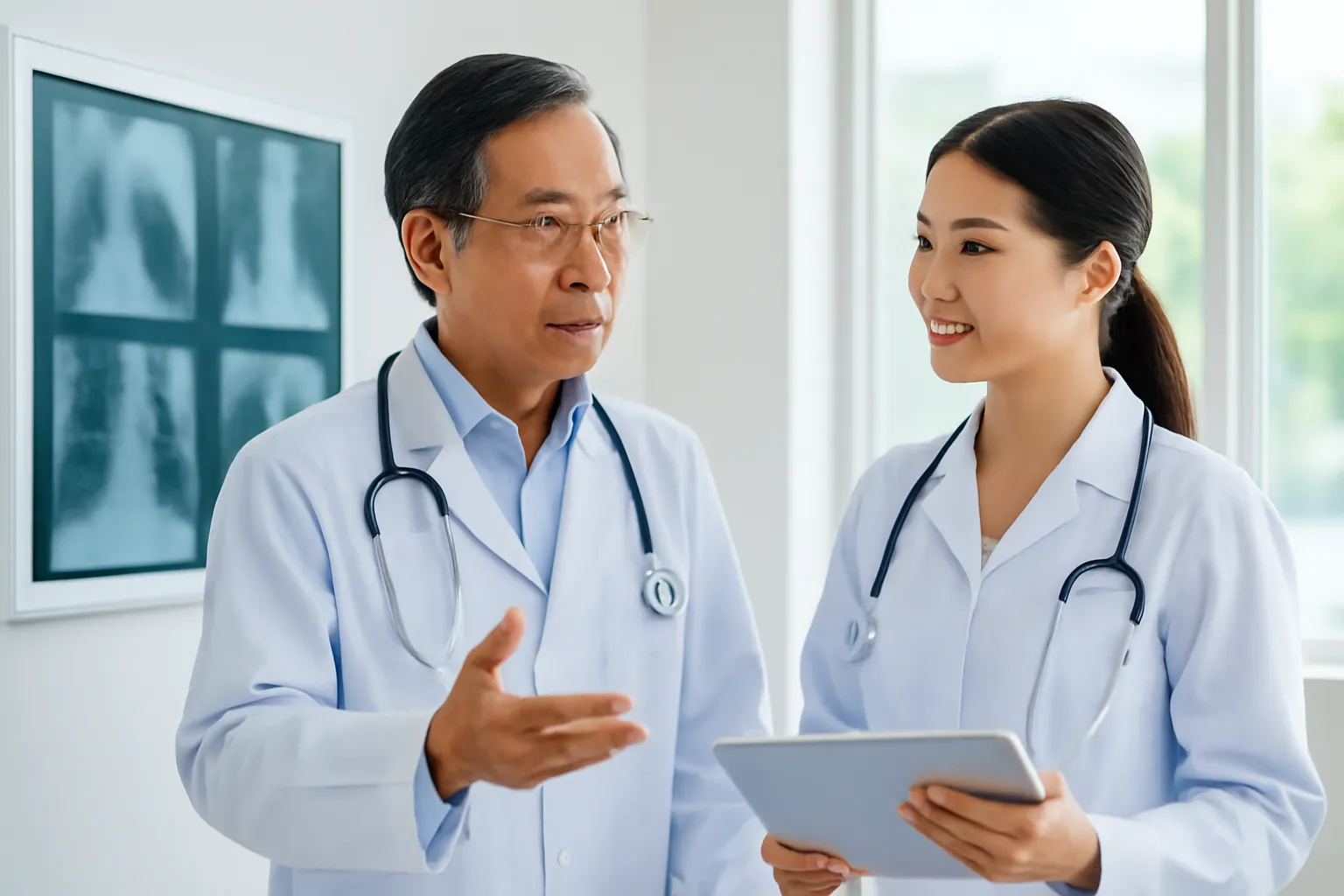Hai bác sĩ trao đổi trước hộp đèn có phim chụp mờ trong phòng đọc phim