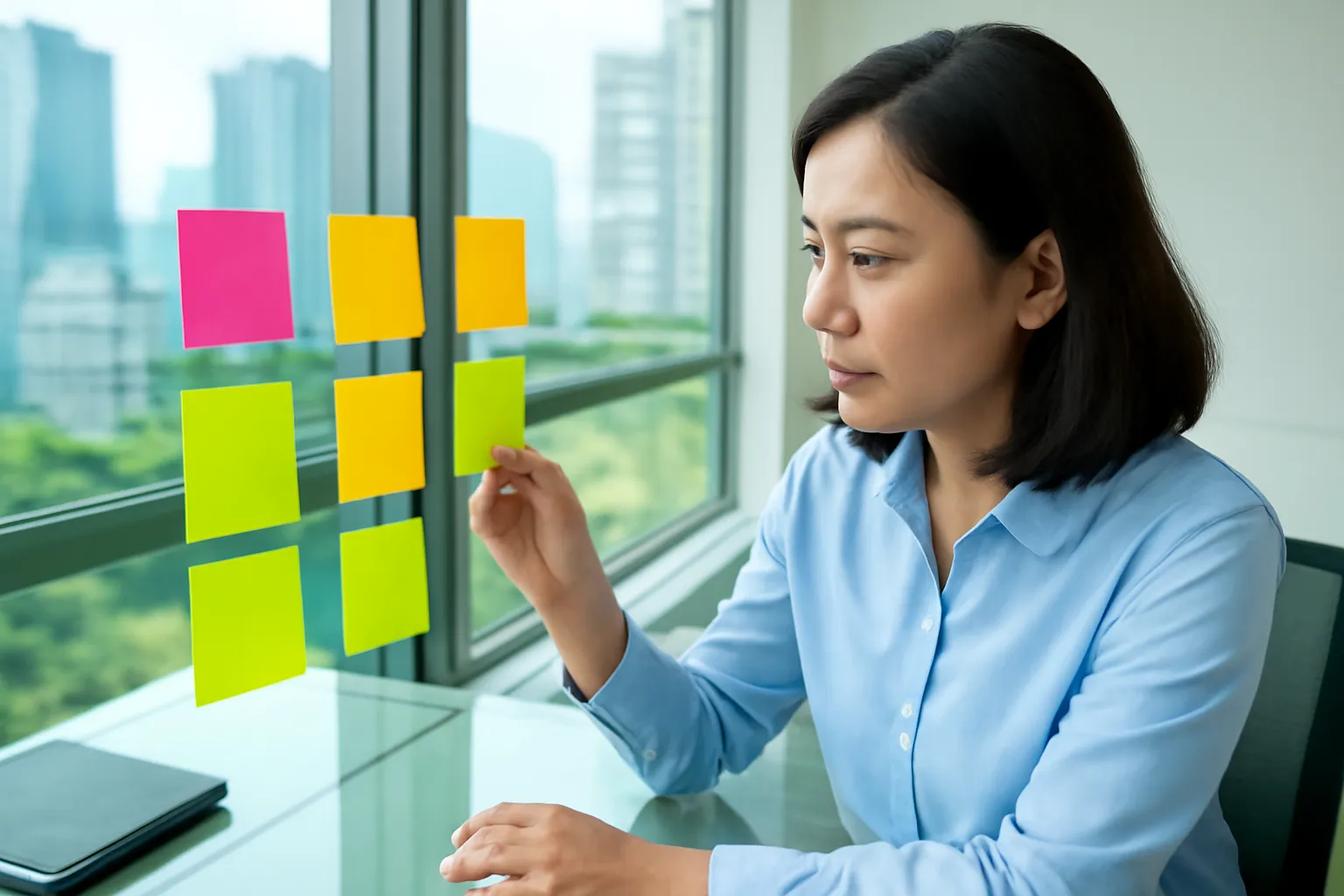 Chị nhân viên văn phòng sắp xếp những mẩu giấy ghi chú trên bàn kính buổi sáng