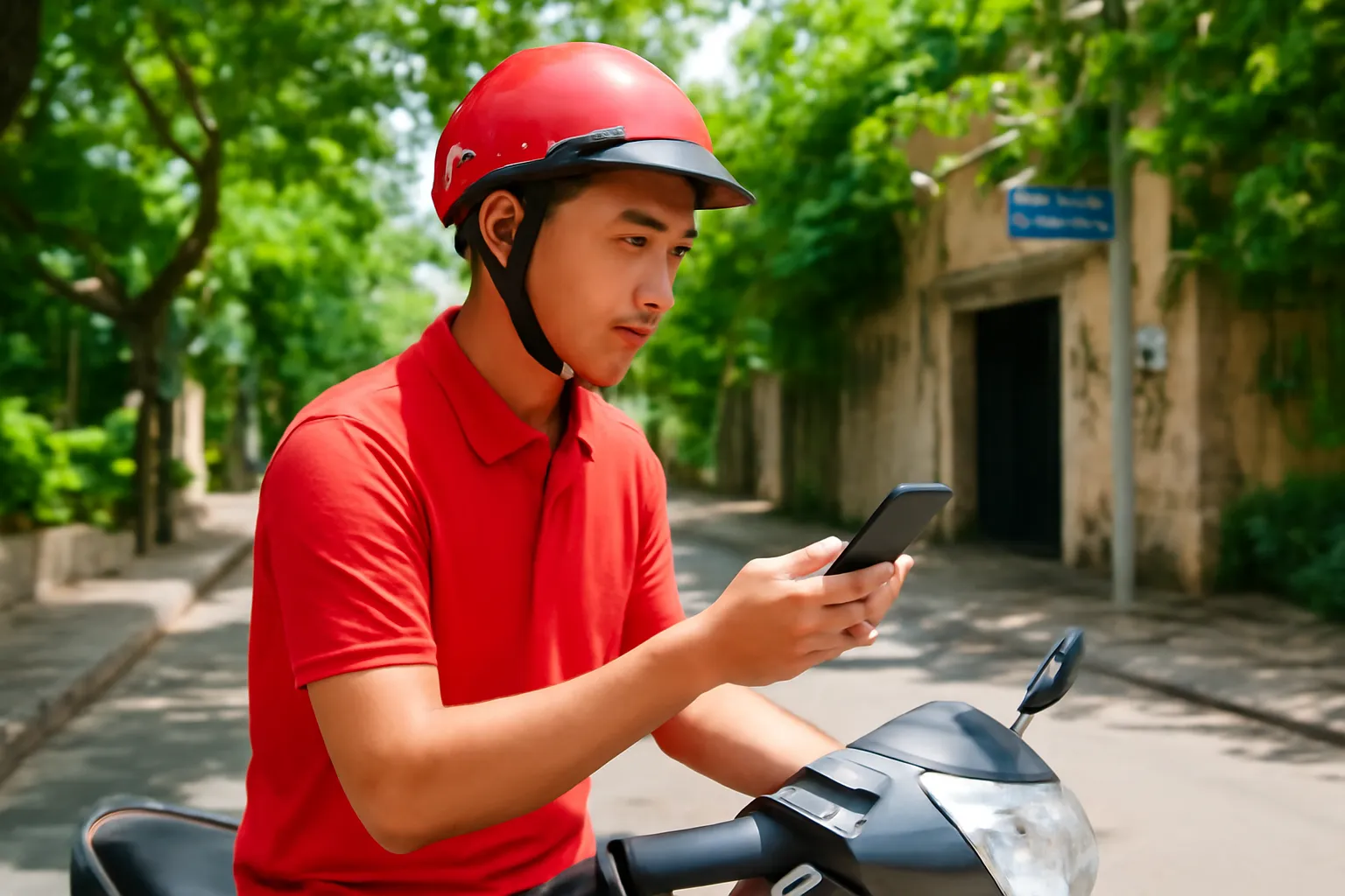 Người giao hàng dừng xe máy bên lề đường nhìn điện thoại để tìm địa chỉ
