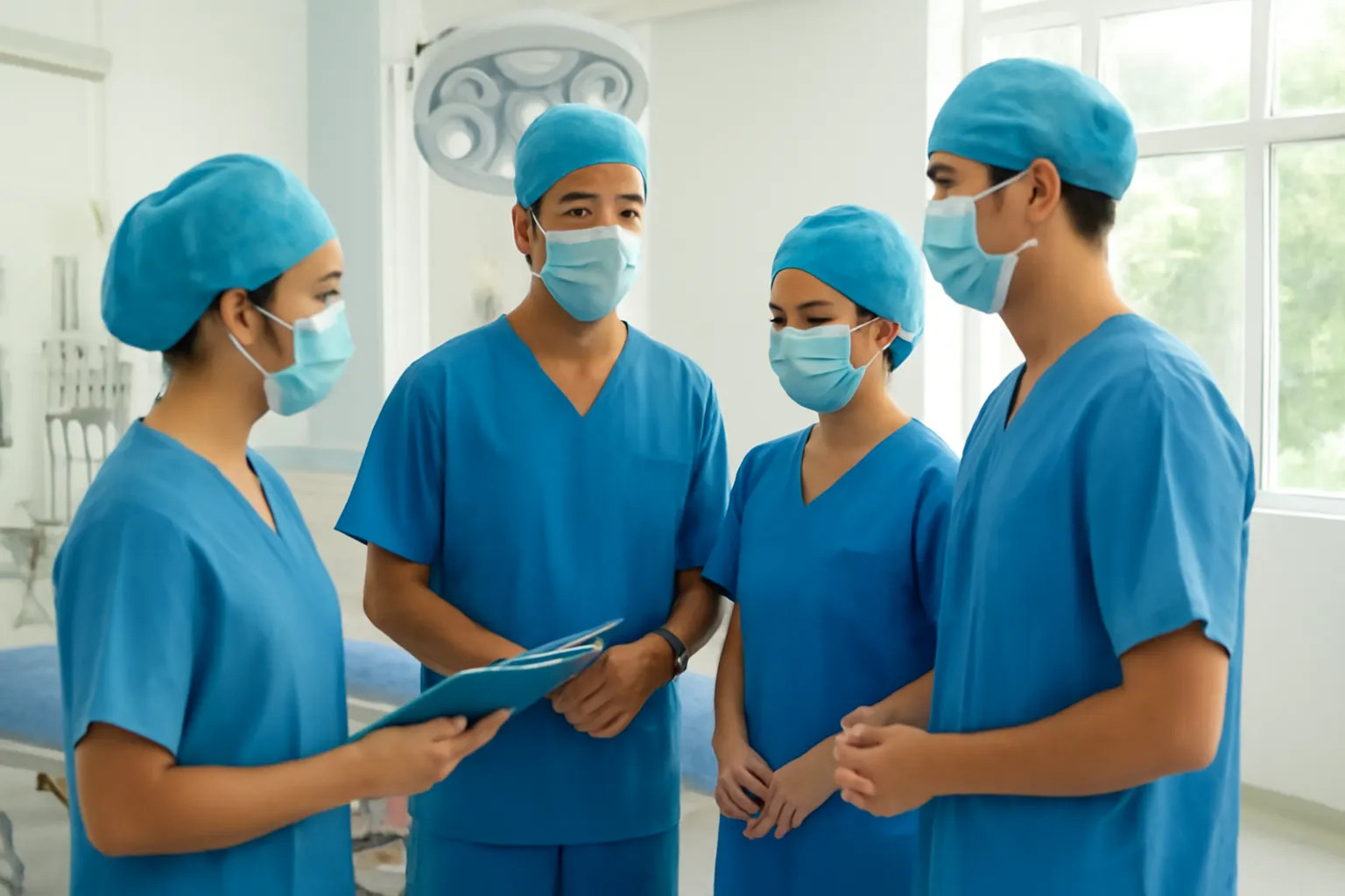 Kíp mổ đứng thành vòng tròn trao đổi trước ca phẫu thuật dưới ánh đèn trắng
