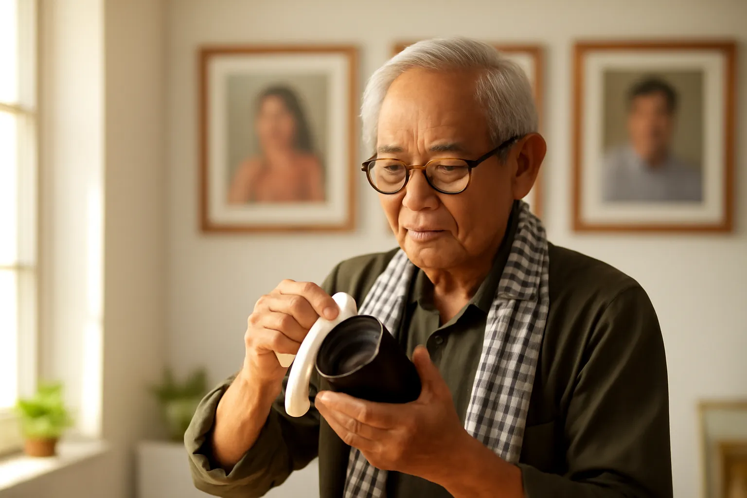 Người thợ ảnh lớn tuổi lau ống kính máy ảnh trong tiệm ảnh nhỏ sáng sủa