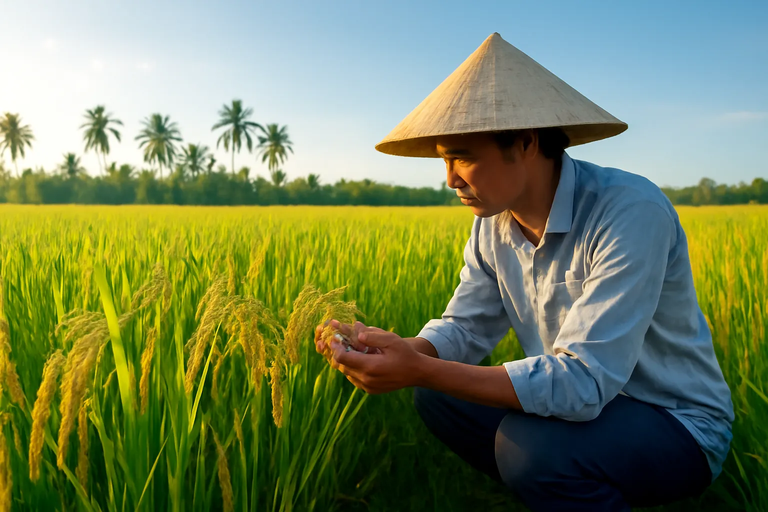 Bác nông dân miền Tây ngắm bông lúa chín vàng giữa cánh đồng buổi sáng