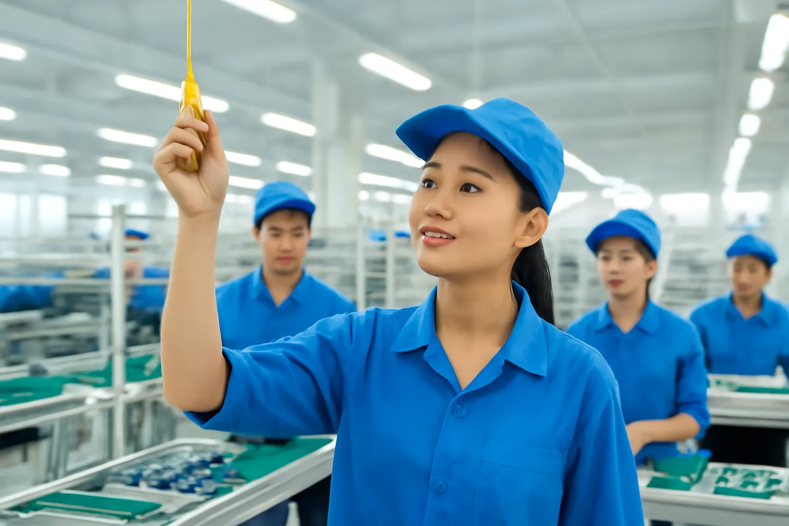 Nữ công nhân trong xưởng lắp ráp với tay kéo sợi dây báo dừng phía trên dây chuyền