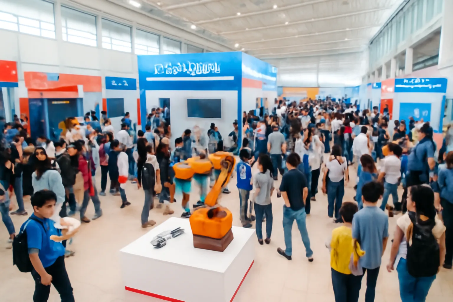 Hội chợ công nghệ đông người xem các gian trưng bày nhìn từ góc rộng