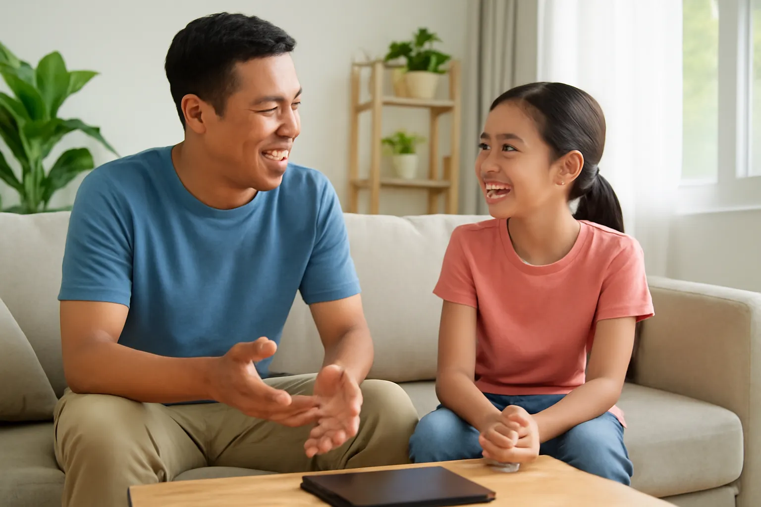 Người bố và con gái ngồi trên ghế sofa trò chuyện, máy tính bảng úp trên bàn