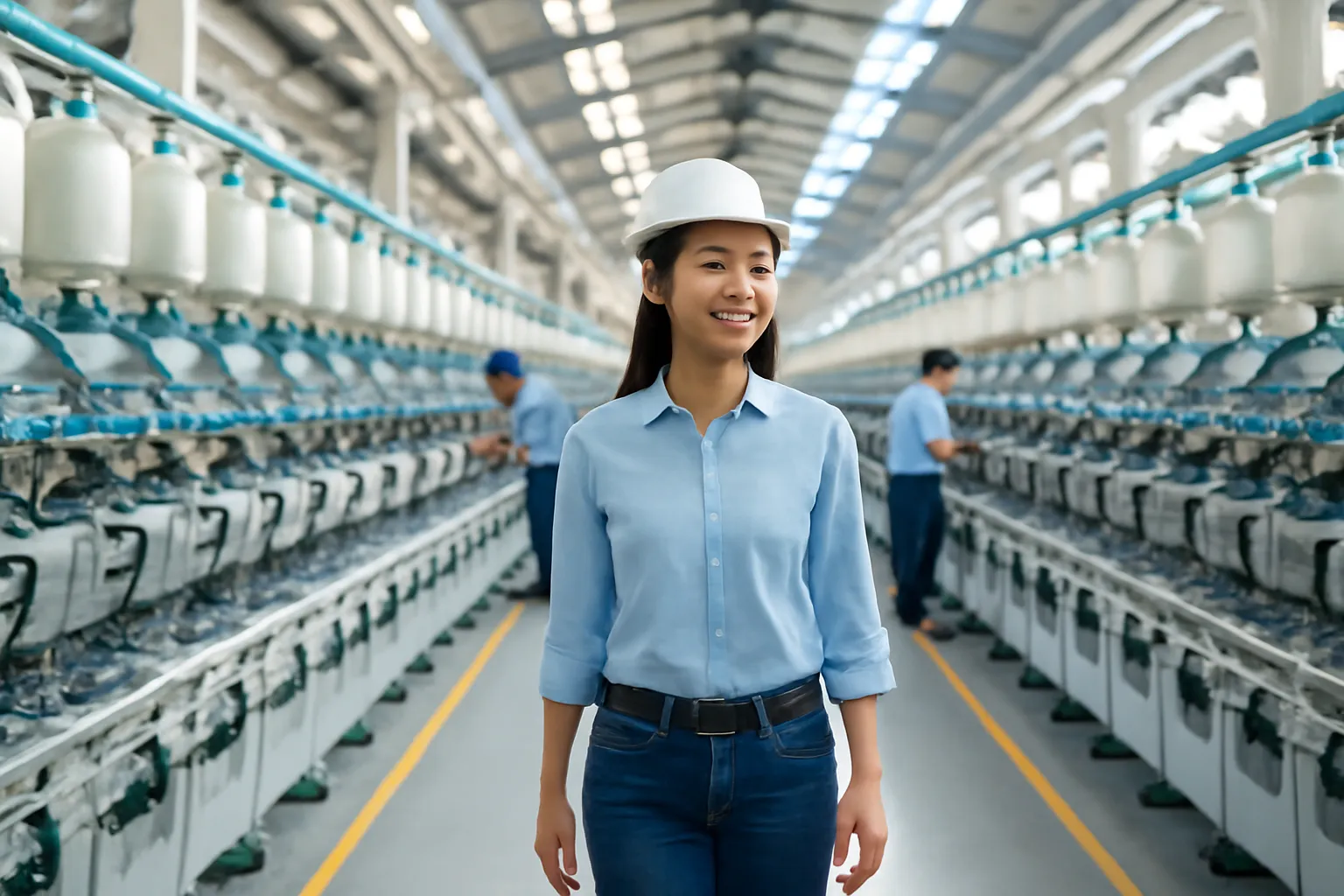 Kỹ sư trẻ đứng giữa xưởng dệt sáng đèn với những hàng máy ngay ngắn