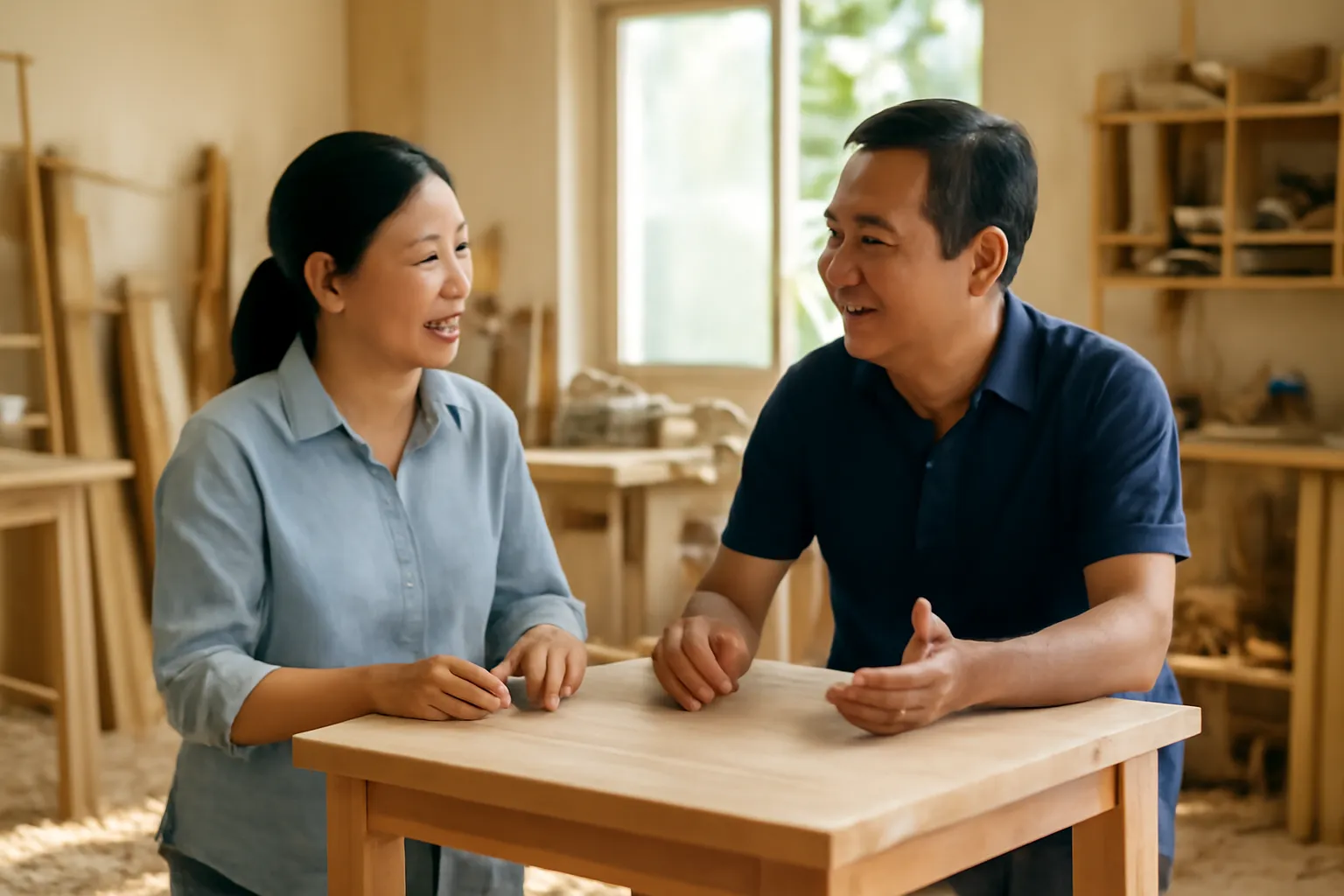 Hai vợ chồng chủ xưởng gỗ đứng bàn bạc giữa xưởng sáng sủa