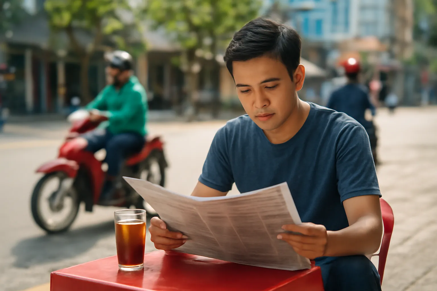 Chàng trai trẻ đọc báo giấy ở quán cà phê vỉa hè buổi sáng