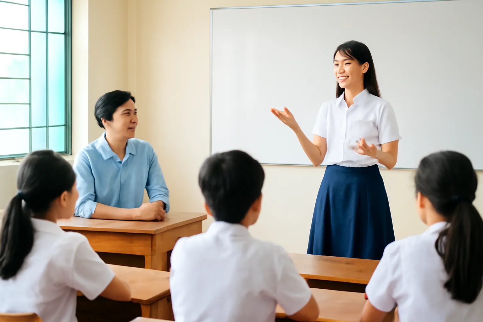 Thầy giáo ngồi lắng nghe một học sinh thuyết trình trước lớp học nhỏ