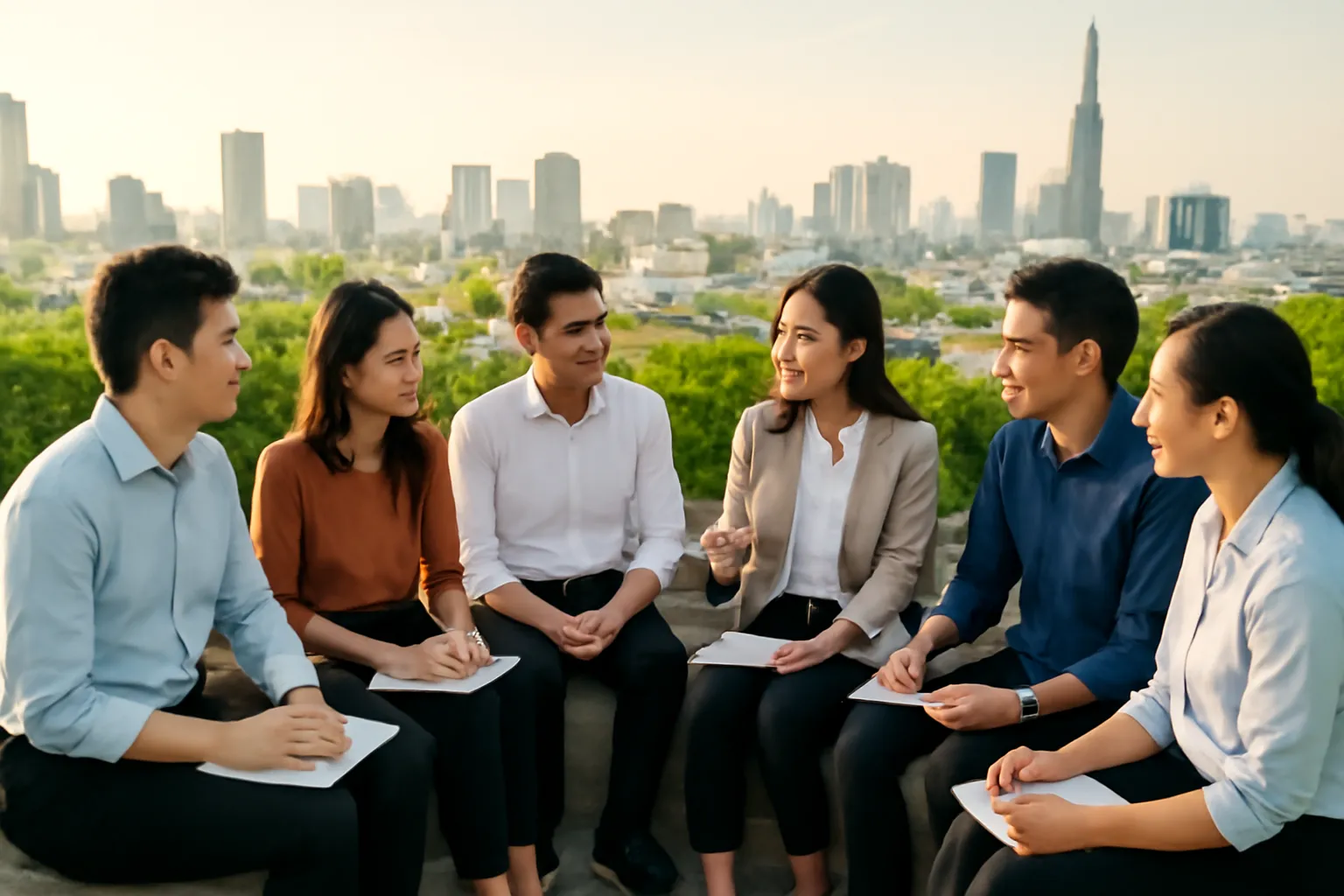 Nhóm người trẻ ngồi thành vòng tròn thảo luận trên sân thượng đầy cây xanh