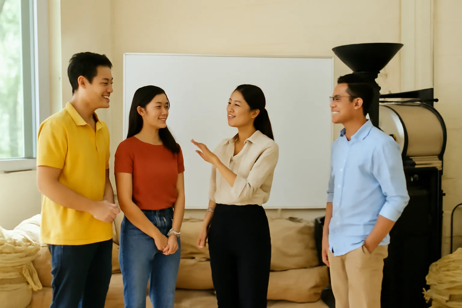 Nhóm nhỏ đứng trước bảng trắng trống trong xưởng rang cà phê đầy nắng