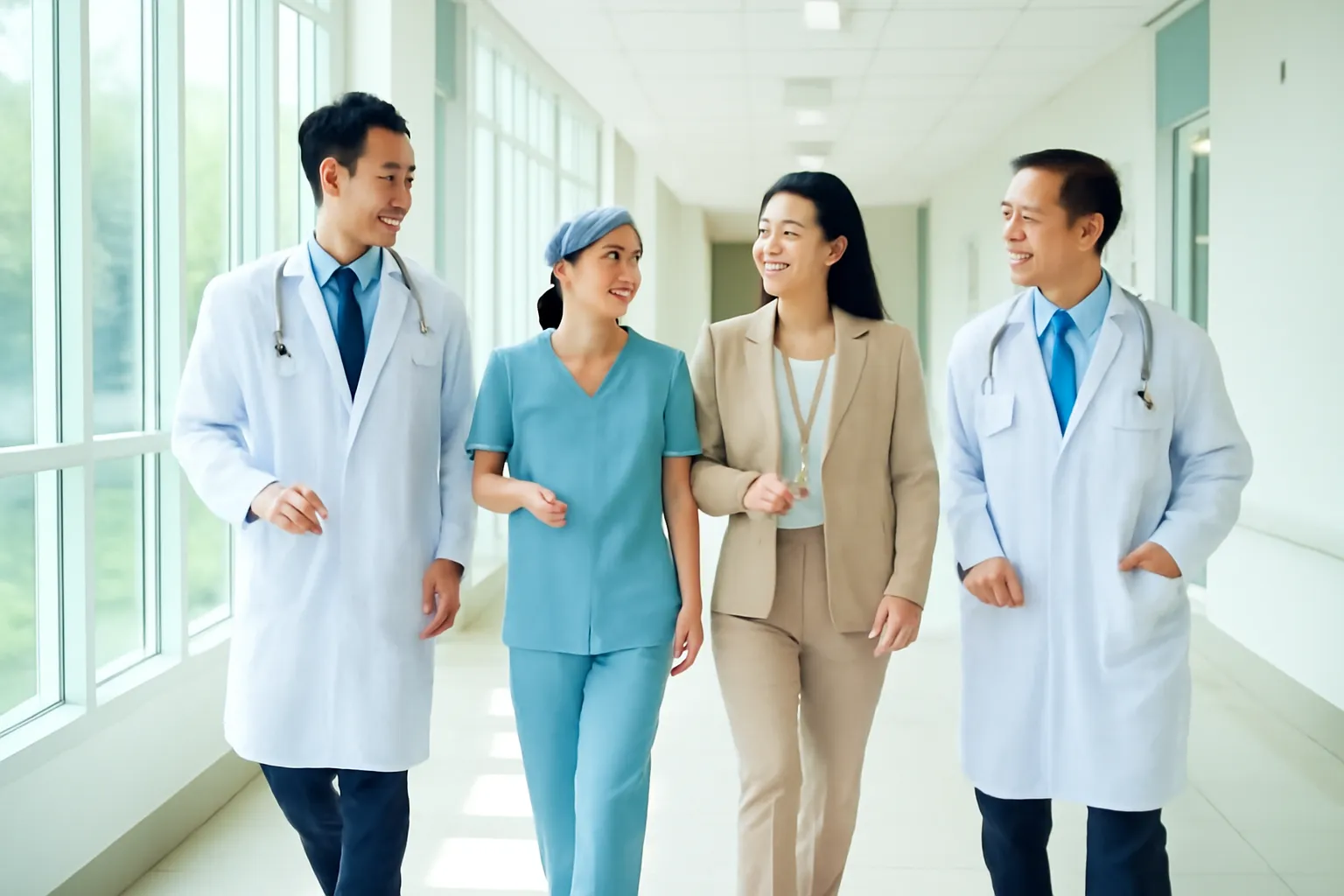 Nhóm nhân viên bệnh viện đi nhanh dọc hành lang rộng sáng sủa