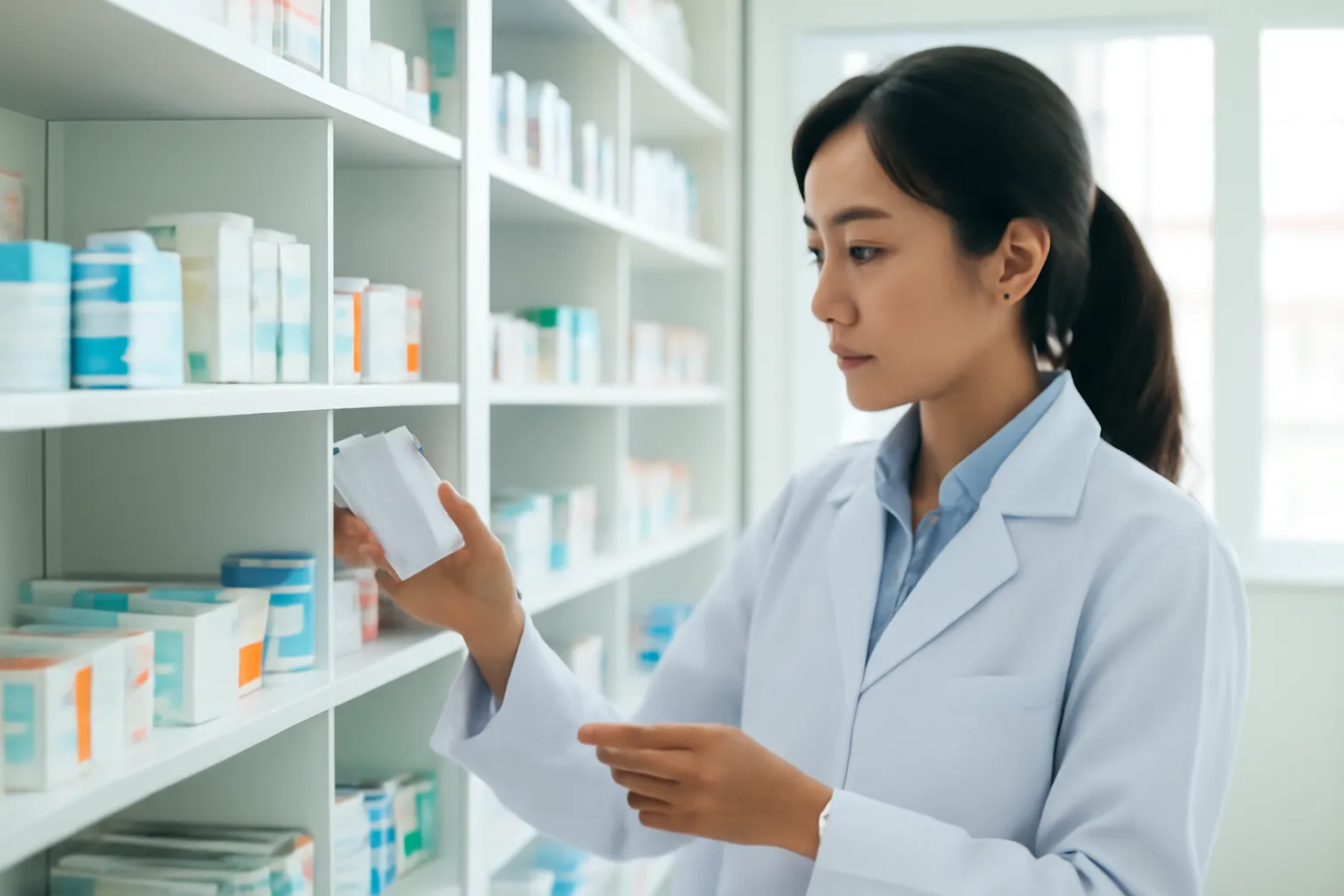 Nữ dược sĩ bệnh viện kiểm tra từng hộp thuốc trên kệ tủ thuốc sáng sủa