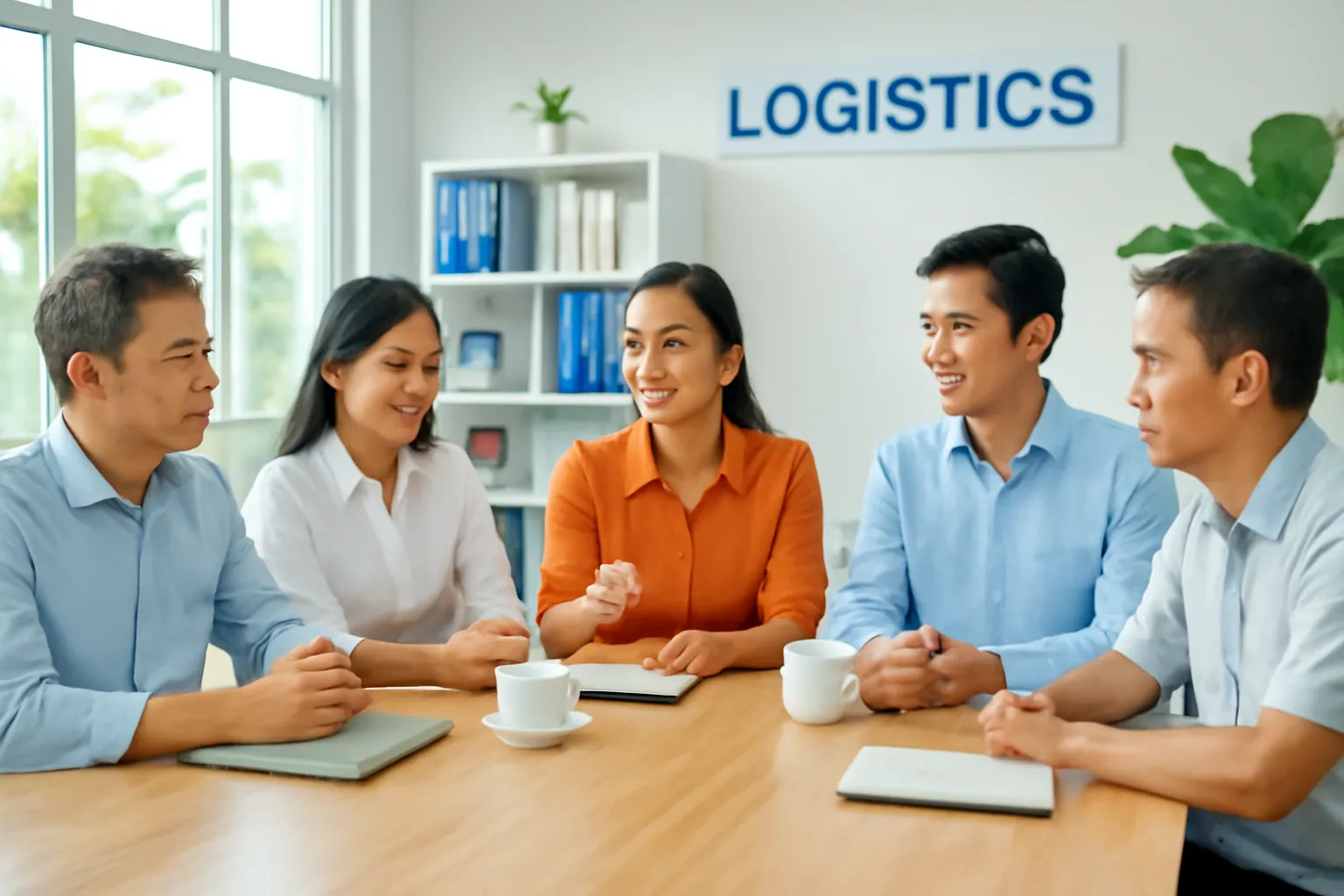 Buổi họp nhỏ quanh bàn gỗ trong văn phòng công ty giao nhận