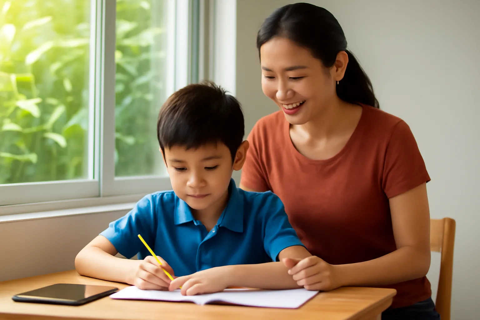 Cậu bé tiểu học làm bài bên cửa sổ, mẹ đứng phía sau nhìn con