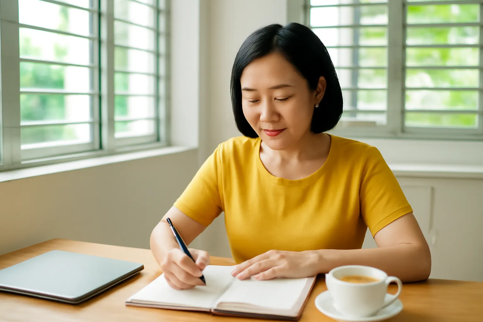 Cô giáo ngồi trong phòng giáo viên buổi trưa với cốc trà và cuốn sổ tay