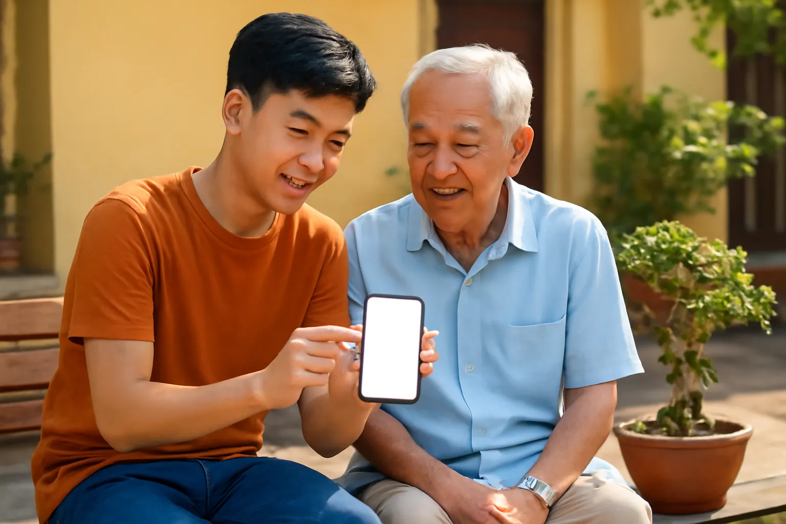 Cháu trai ngồi cạnh ông nội chỉ cách cầm điện thoại, màn hình sáng trắng