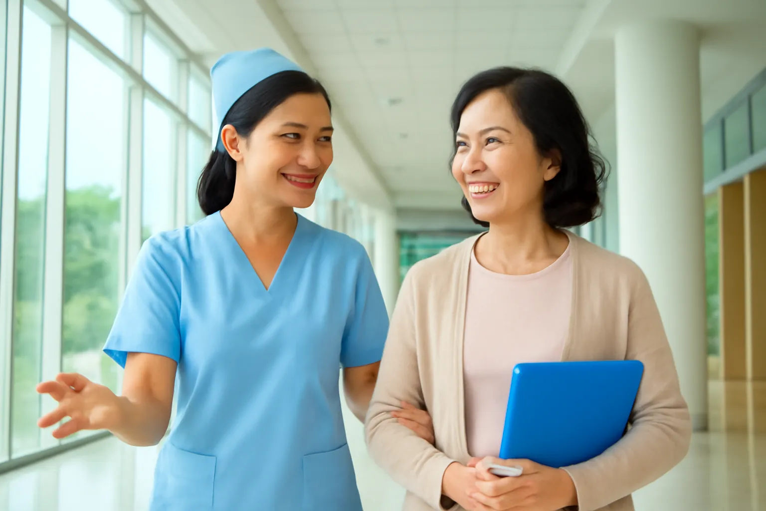 Nữ điều dưỡng trẻ hướng dẫn một phụ nữ trung niên tại sảnh bệnh viện sáng sủa