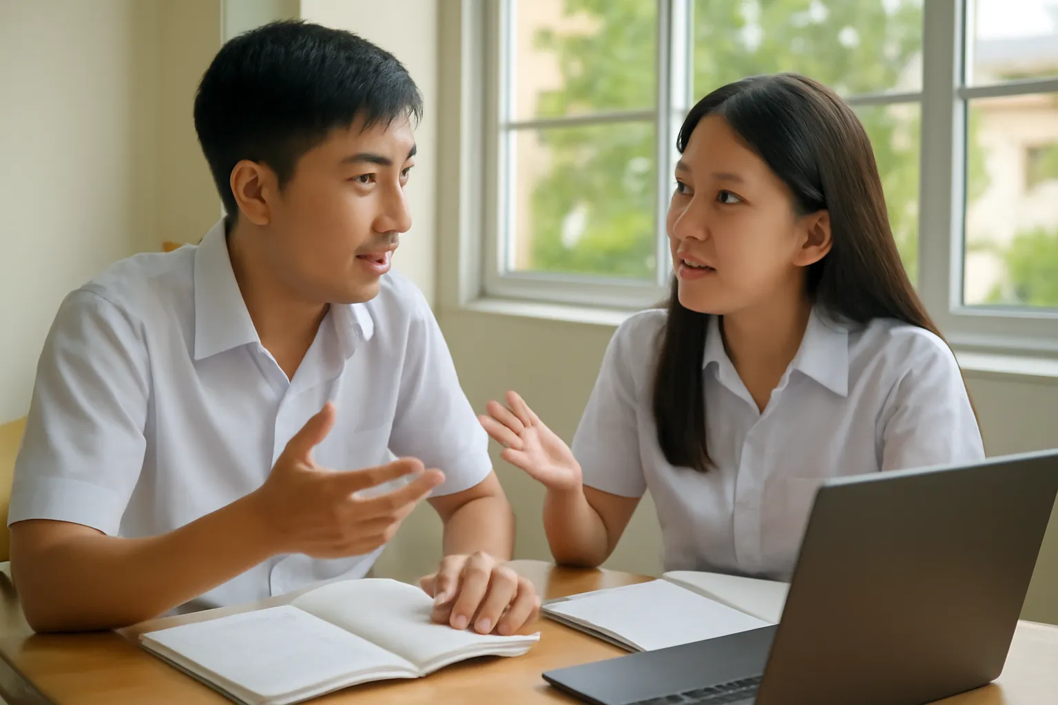 Hai học sinh cấp ba trao đổi bên bàn học, máy tính xách tay quay mặt đi