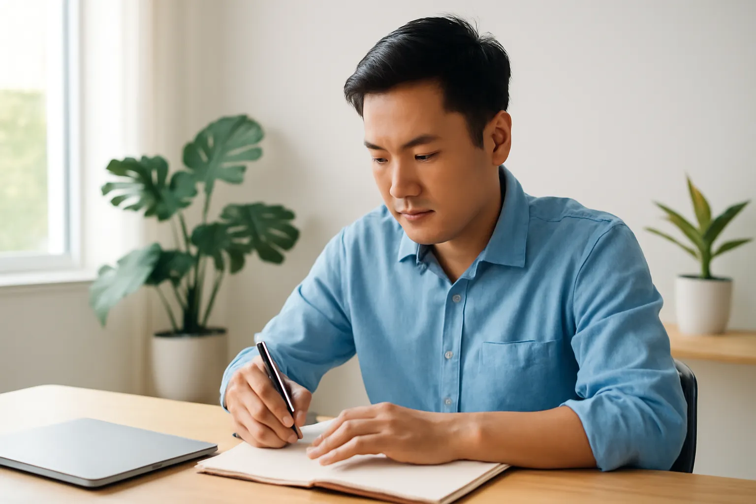 Anh nhân viên trẻ viết tay vào cuốn sổ ở góc văn phòng yên tĩnh