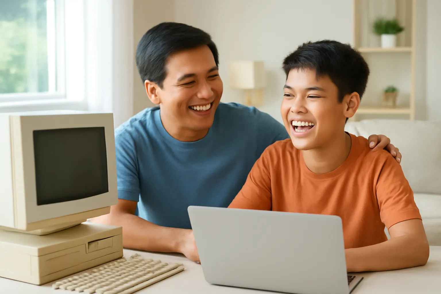 Hai anh em cười đùa trong phòng khách bên chiếc máy tính để bàn cũ và laptop mới
