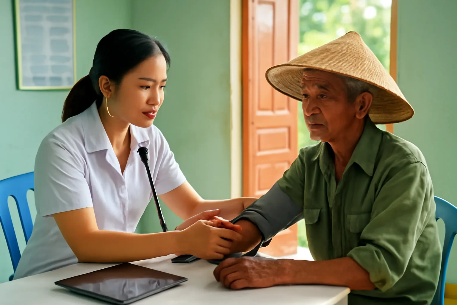 Y sĩ trạm y tế xã đo huyết áp cho cụ ông, bên cạnh có máy tính bảng