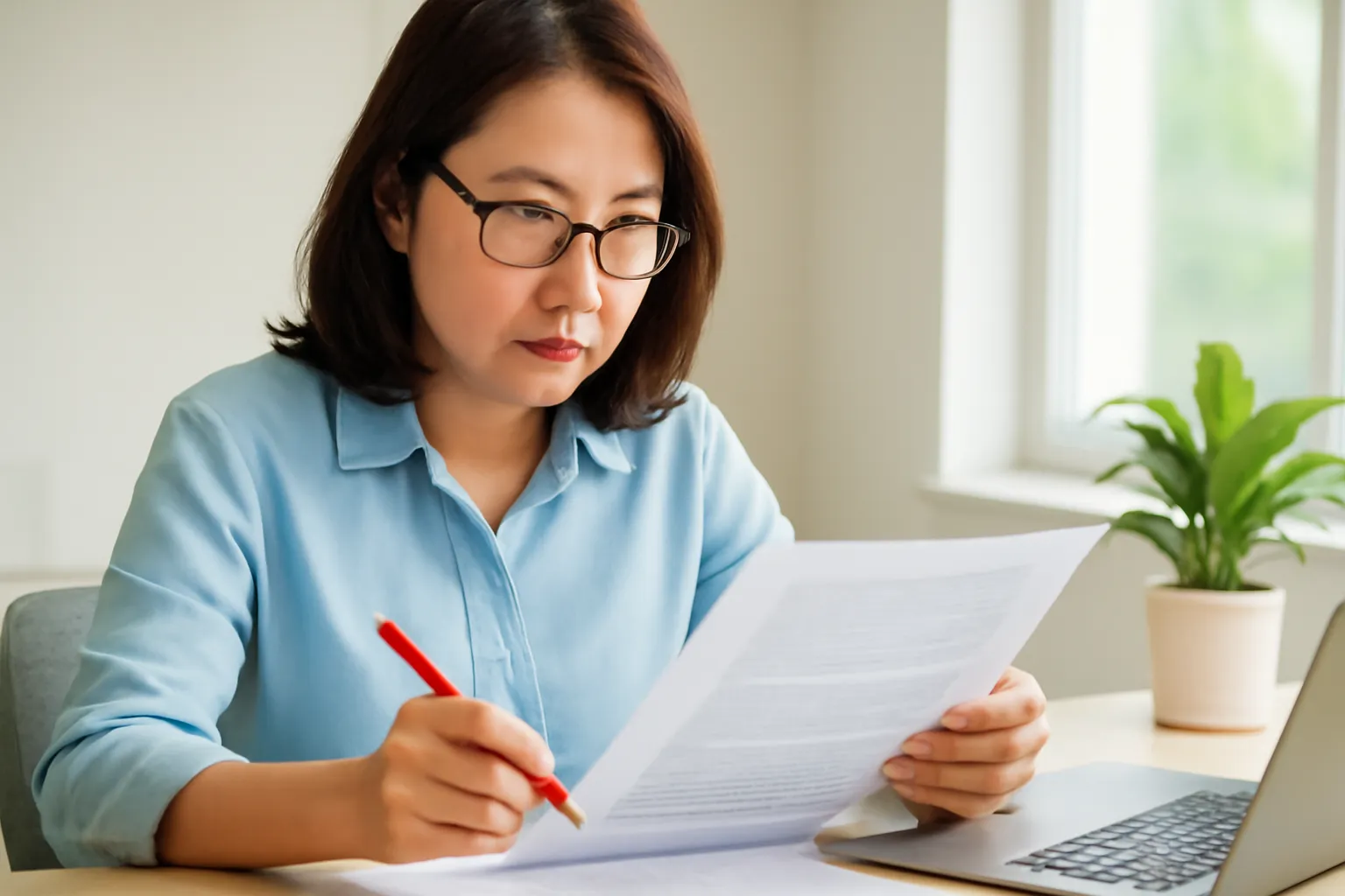 Chị biên dịch viên dò bản in với bút đỏ bên bàn làm việc sáng sủa