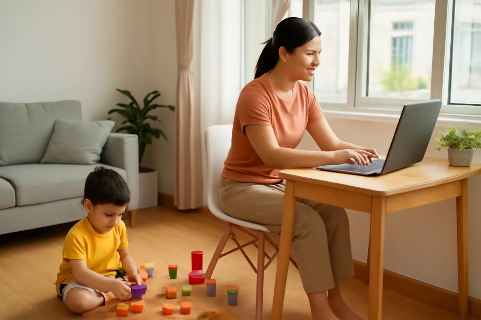 Người mẹ làm việc ở góc bàn trong nhà, con nhỏ ngồi chơi xếp hình bên cạnh