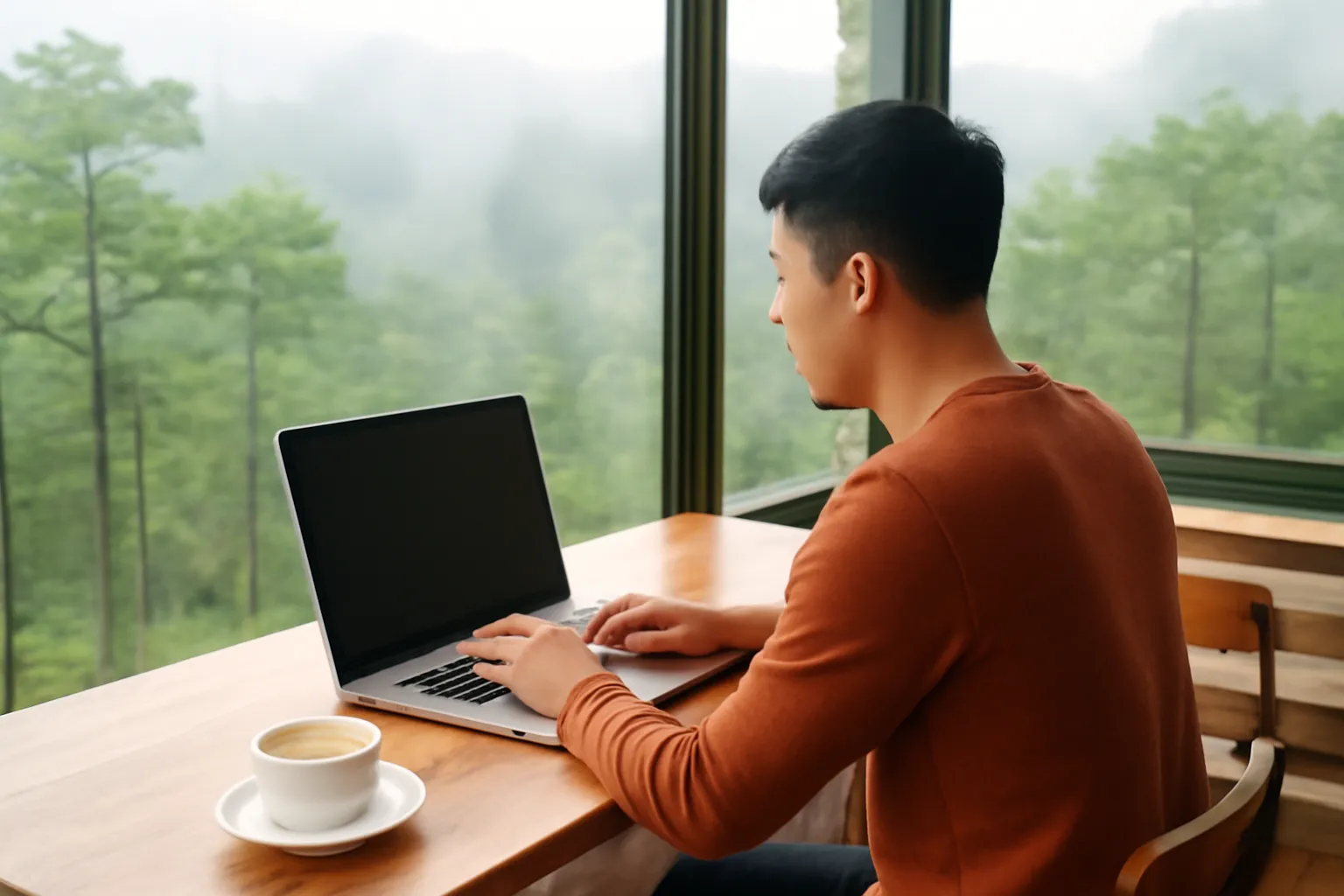 Chàng trai trẻ làm việc với laptop trong quán cà phê nhìn ra đồi thông Đà Lạt
