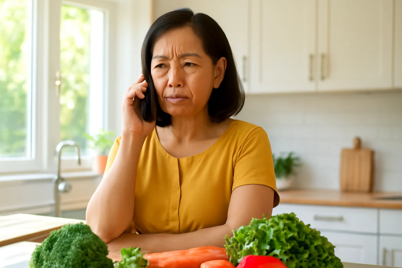 Người mẹ đứng trong bếp nghe điện thoại với vẻ mặt lo lắng nghi ngờ