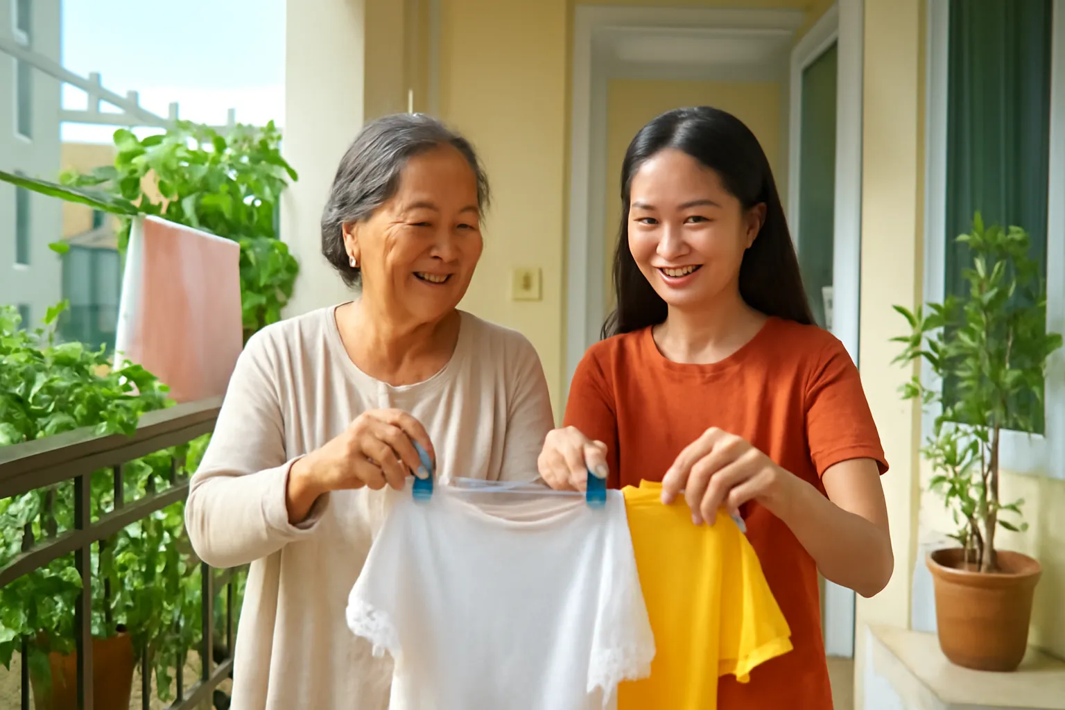 Bà và cháu gái cùng phơi quần áo ở ban công nhà phố đầy nắng