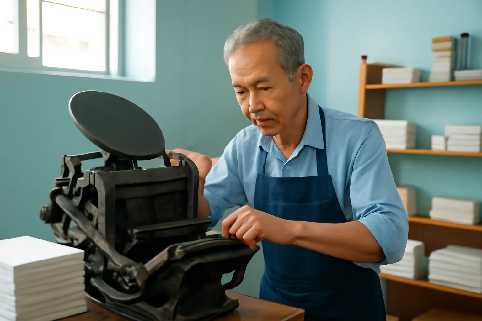 Người thợ in lớn tuổi đứng bên máy in cũ trong một xưởng in nhỏ sáng sủa