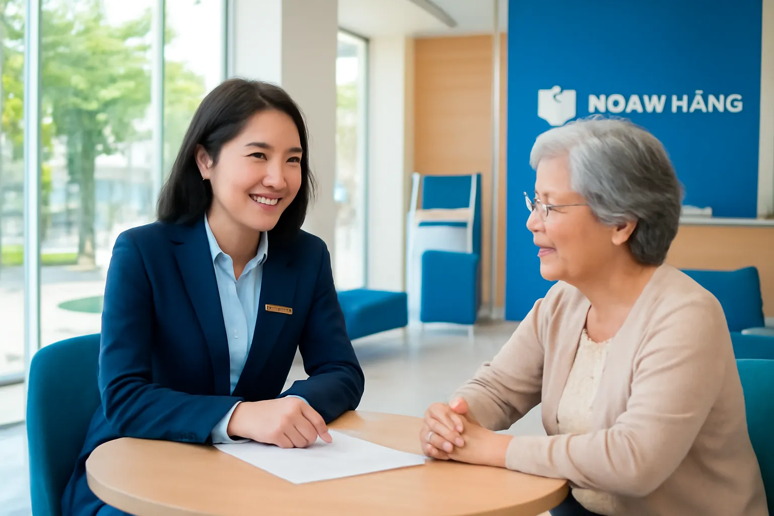 Nữ giao dịch viên ngân hàng tư vấn cho một cụ bà tại bàn tròn trong sảnh
