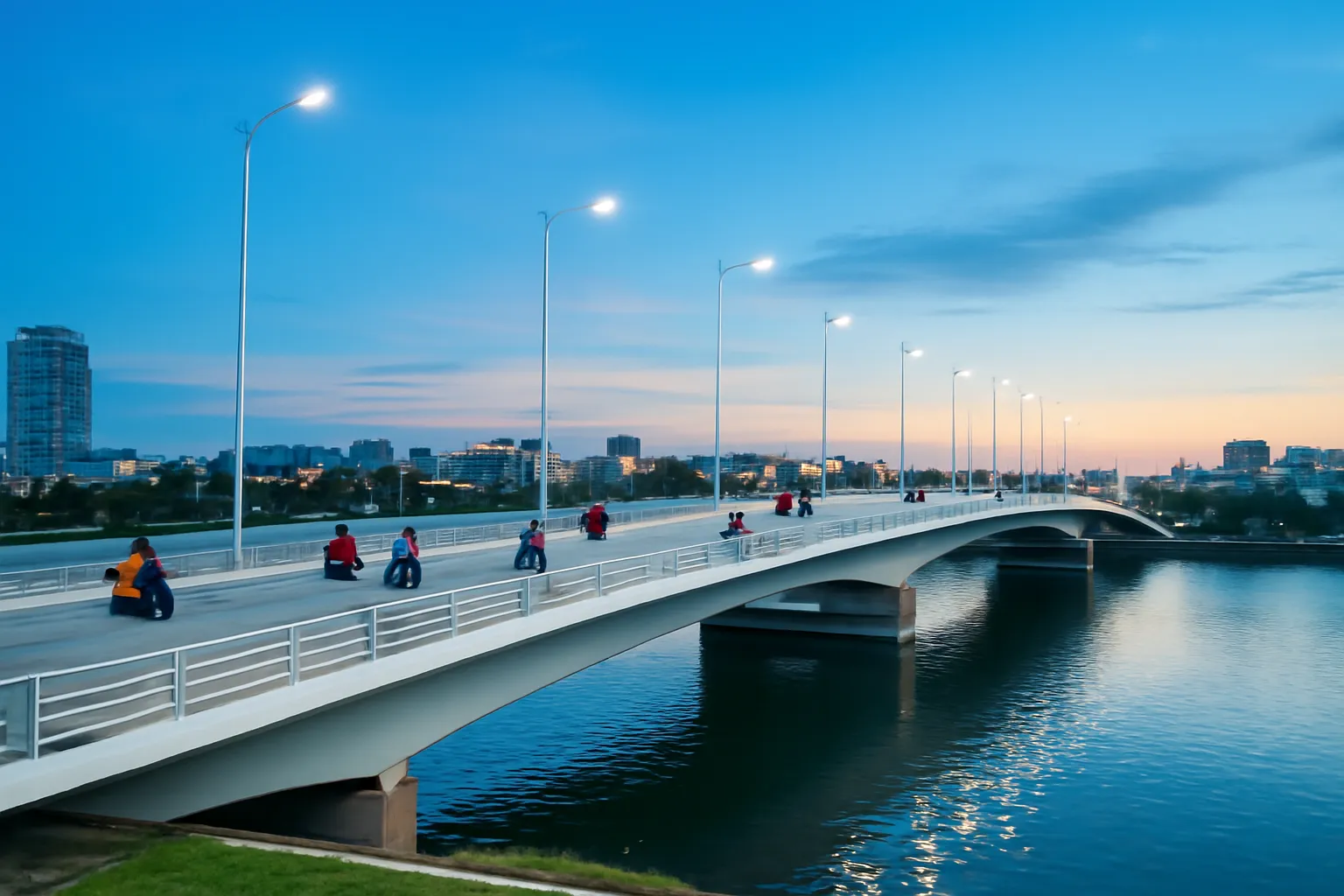 Hàng đèn đường chiếu sáng trên cây cầu lúc chập tối, xe cộ qua lại