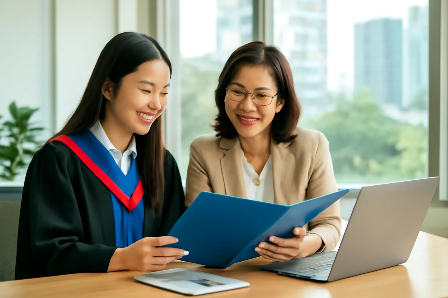 Cô gái mới đi làm ngồi cạnh chị trưởng nhóm cùng xem một tập hồ sơ