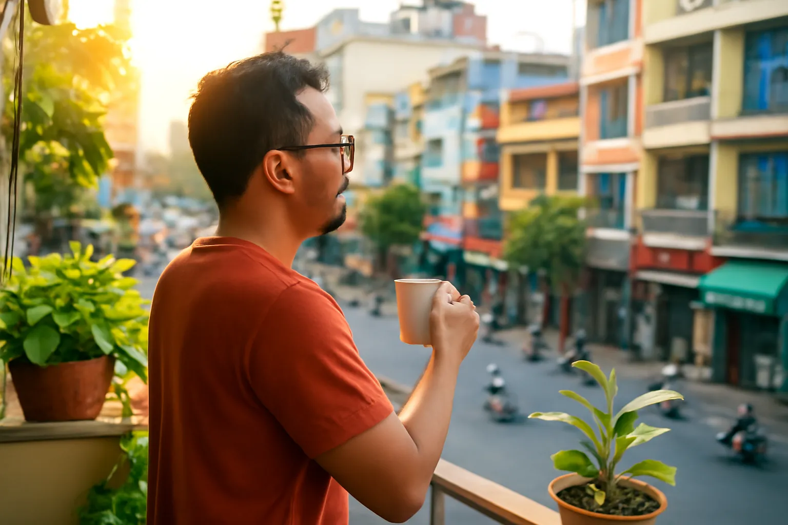 Anh thiết kế đồ hoạ đứng ở ban công nhìn ra phố lúc chiều muộn