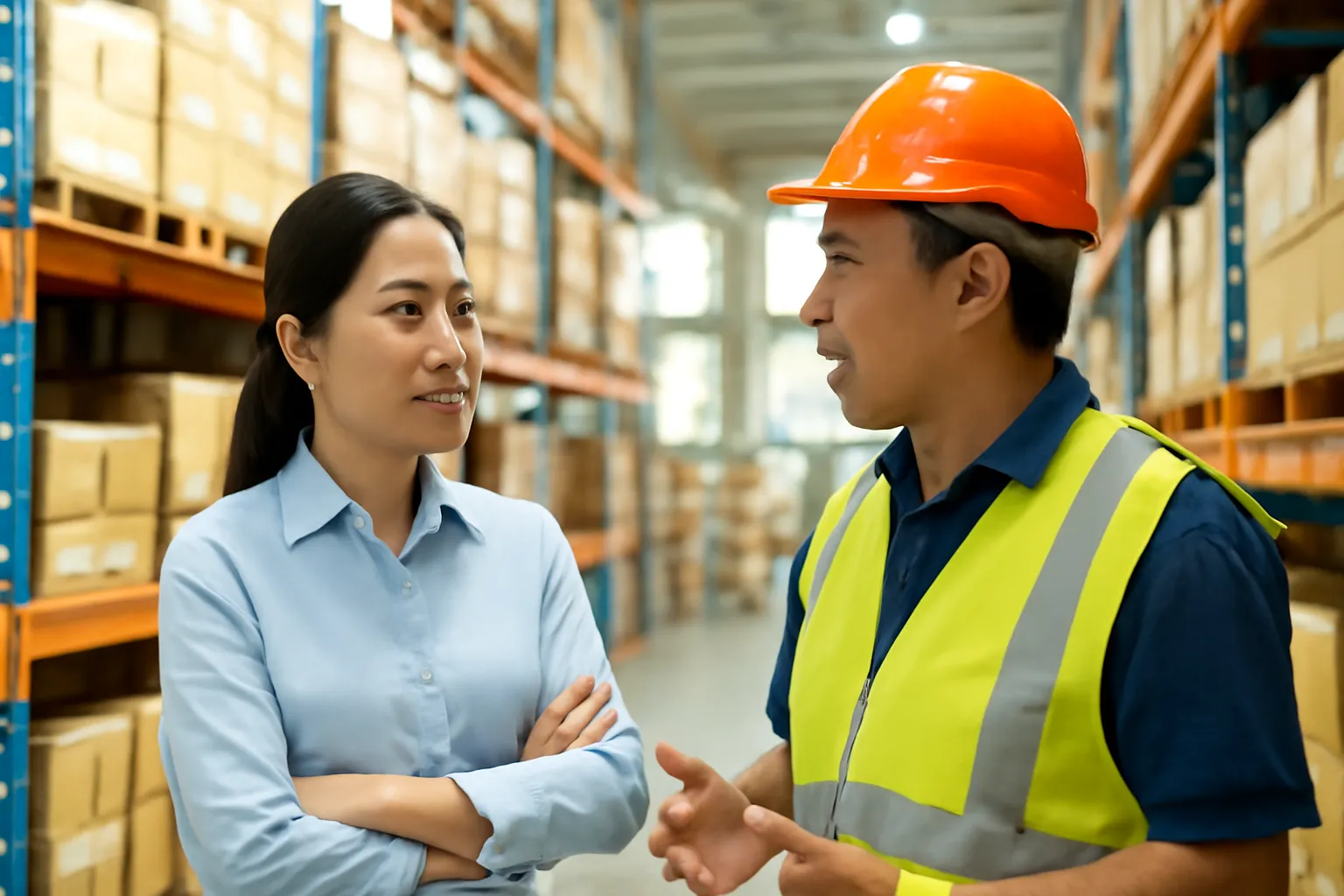 Chị quản lý đứng lắng nghe một nhân viên kho bên cạnh kệ hàng