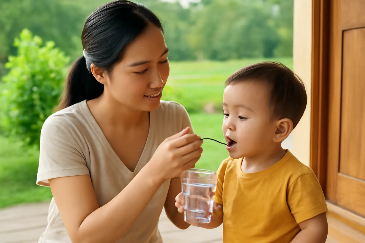 Người mẹ cho con nhỏ uống nước bằng thìa ở hiên nhà quê buổi sáng