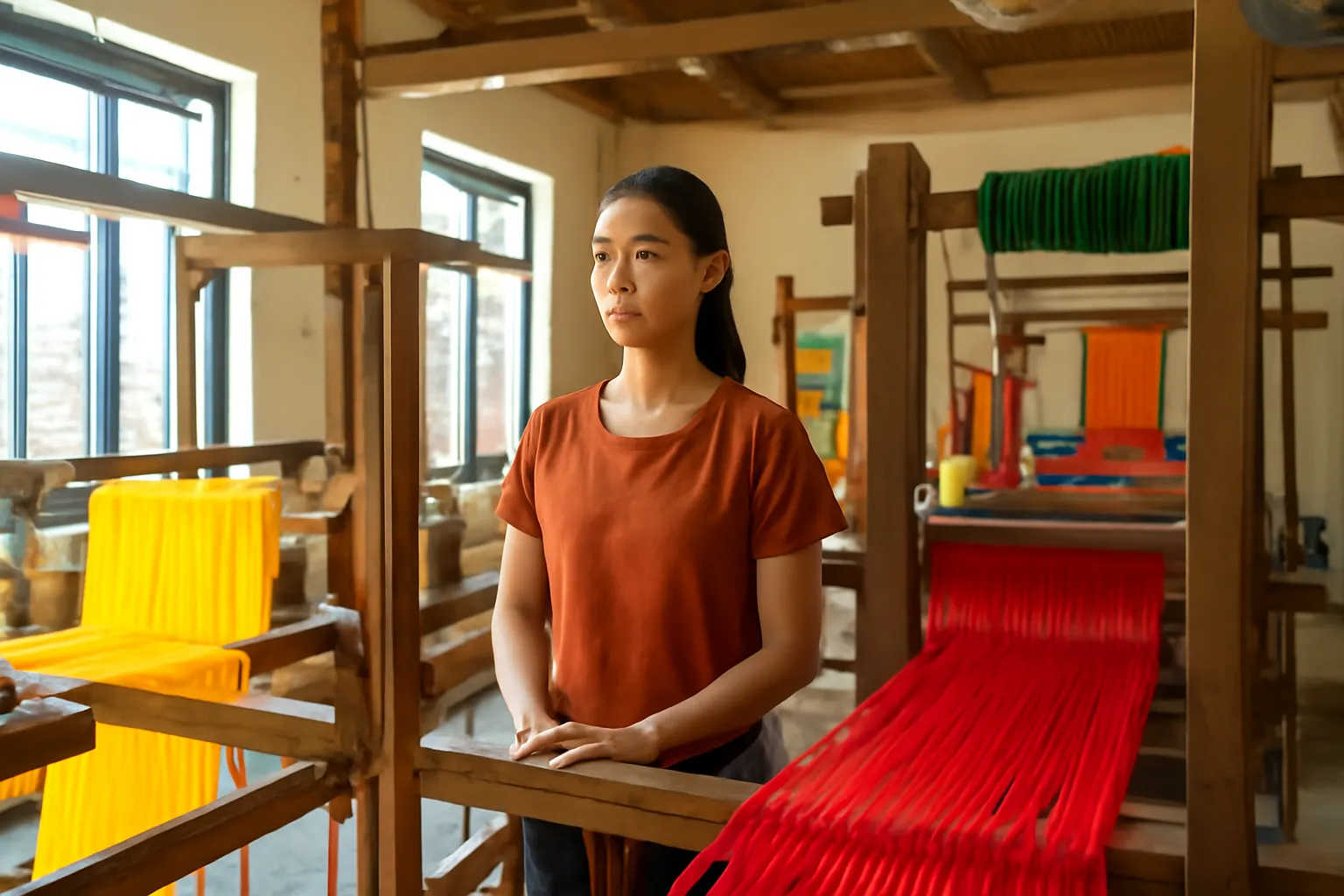 Người thợ dệt trẻ đứng giữa những khung cửi gỗ trong xưởng dệt làng nghề