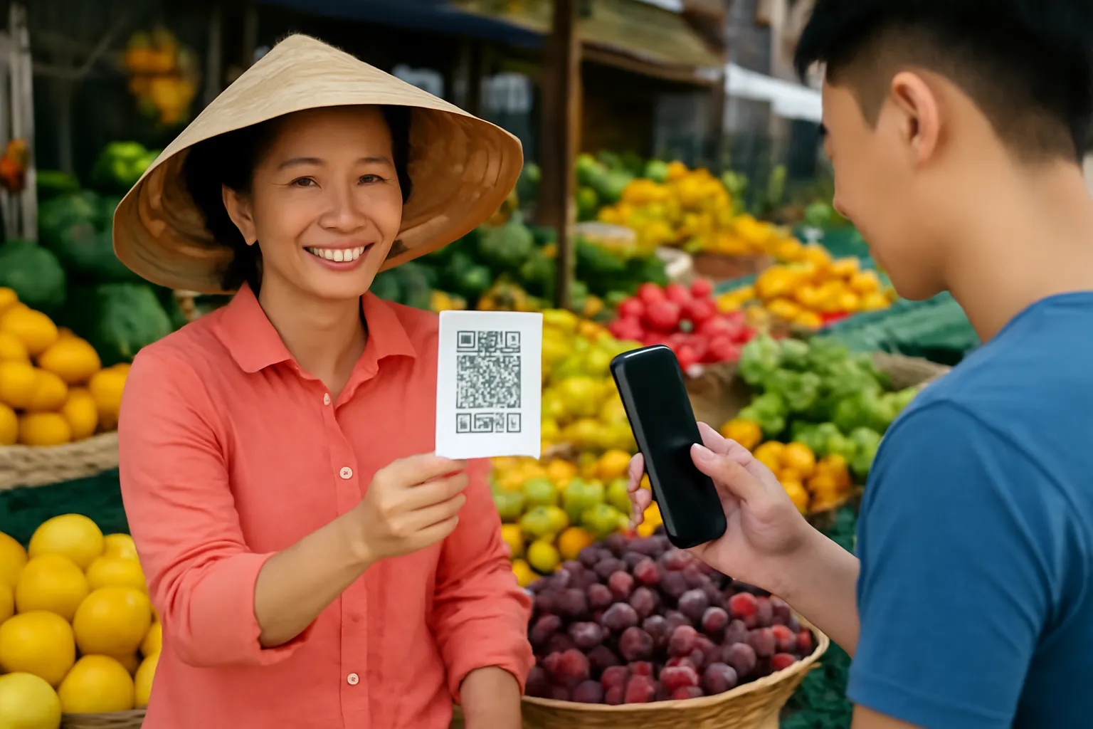 Cô bán trái cây giơ tấm mã thanh toán cho khách quét bằng điện thoại