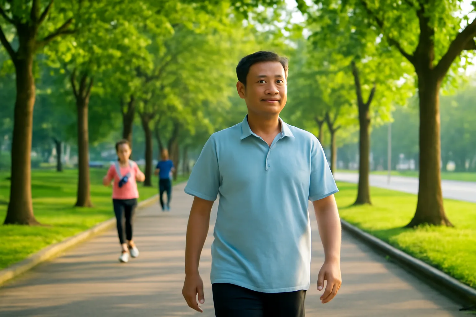 Người đàn ông trung niên đi bộ thong thả trong công viên buổi sáng sớm