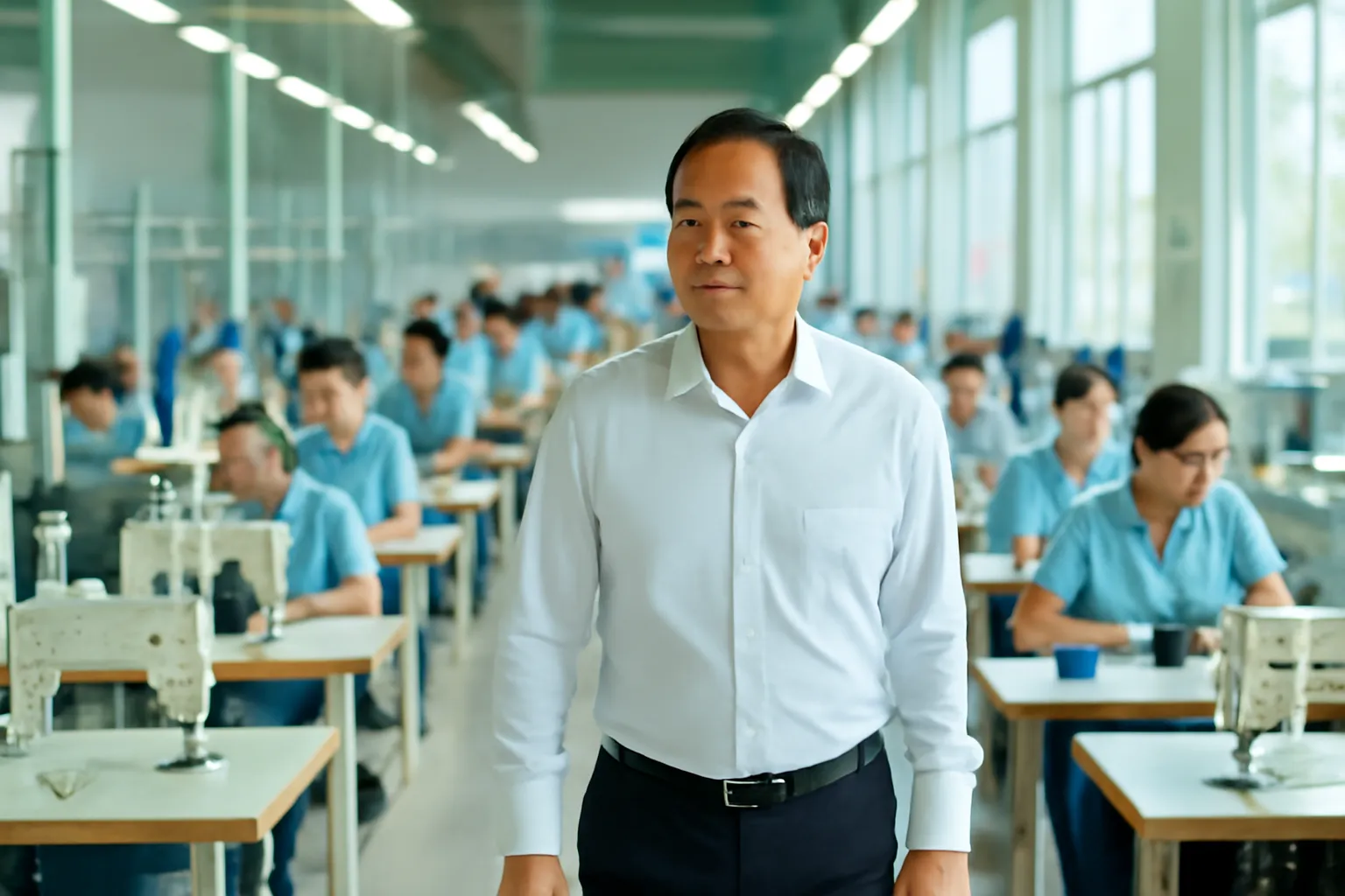 Giám đốc trung niên đi giữa các dãy máy may trong nhà máy may sáng sủa