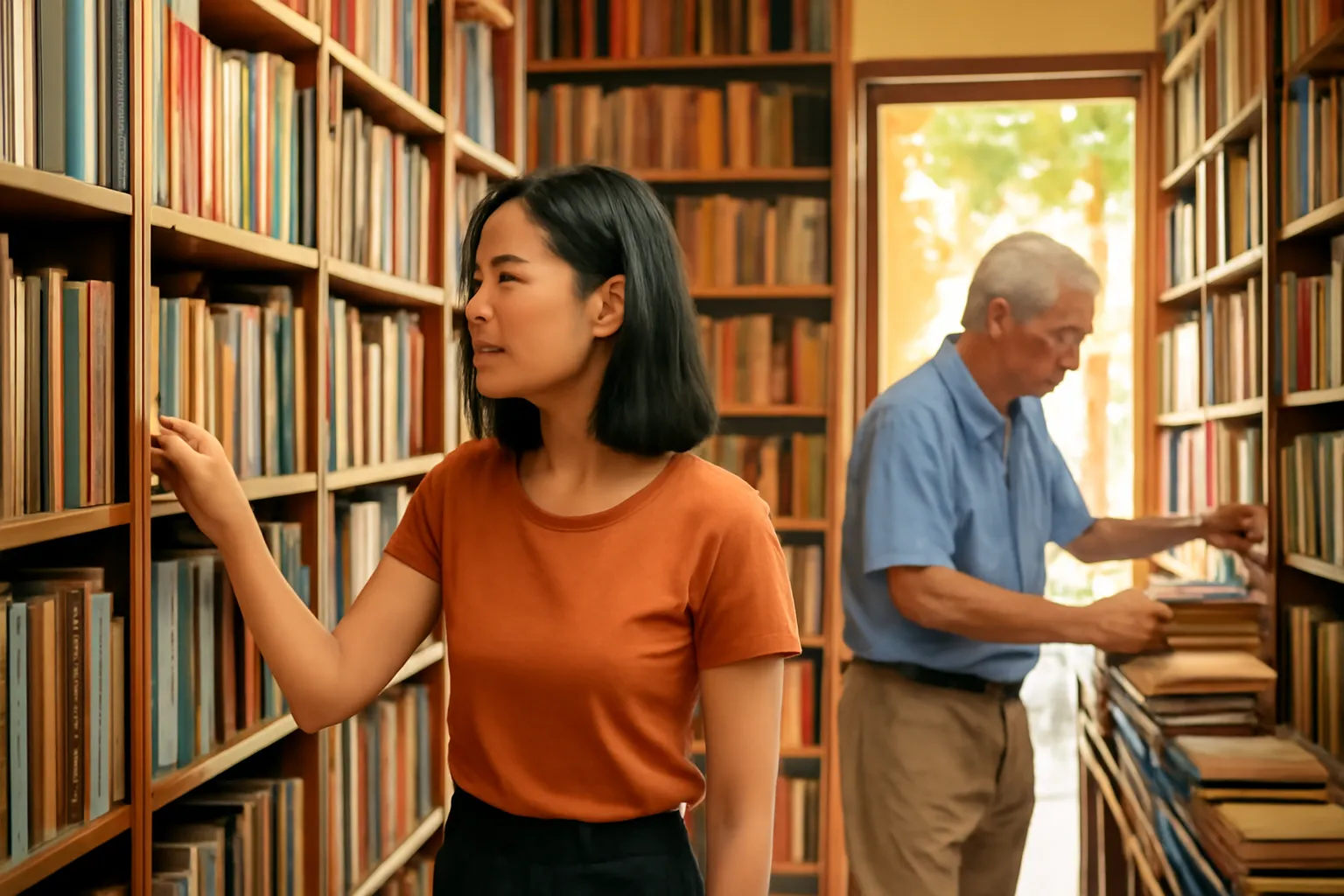 Khách lật xem những cuốn sách cũ trong một hiệu sách nhỏ đầy ắp kệ
