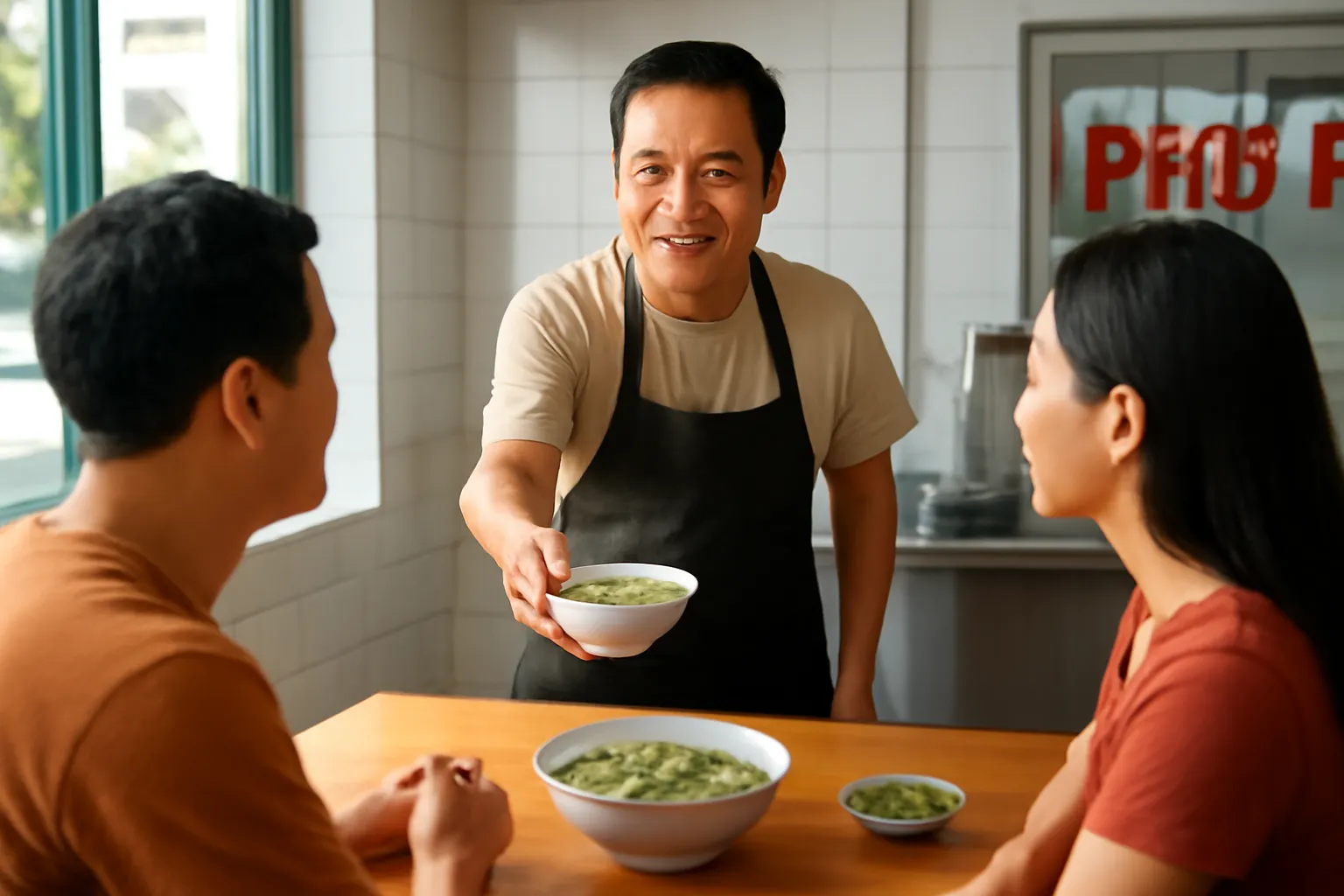 Chủ quán phở mời khách quen nếm thử một bát món mới bên bàn gỗ