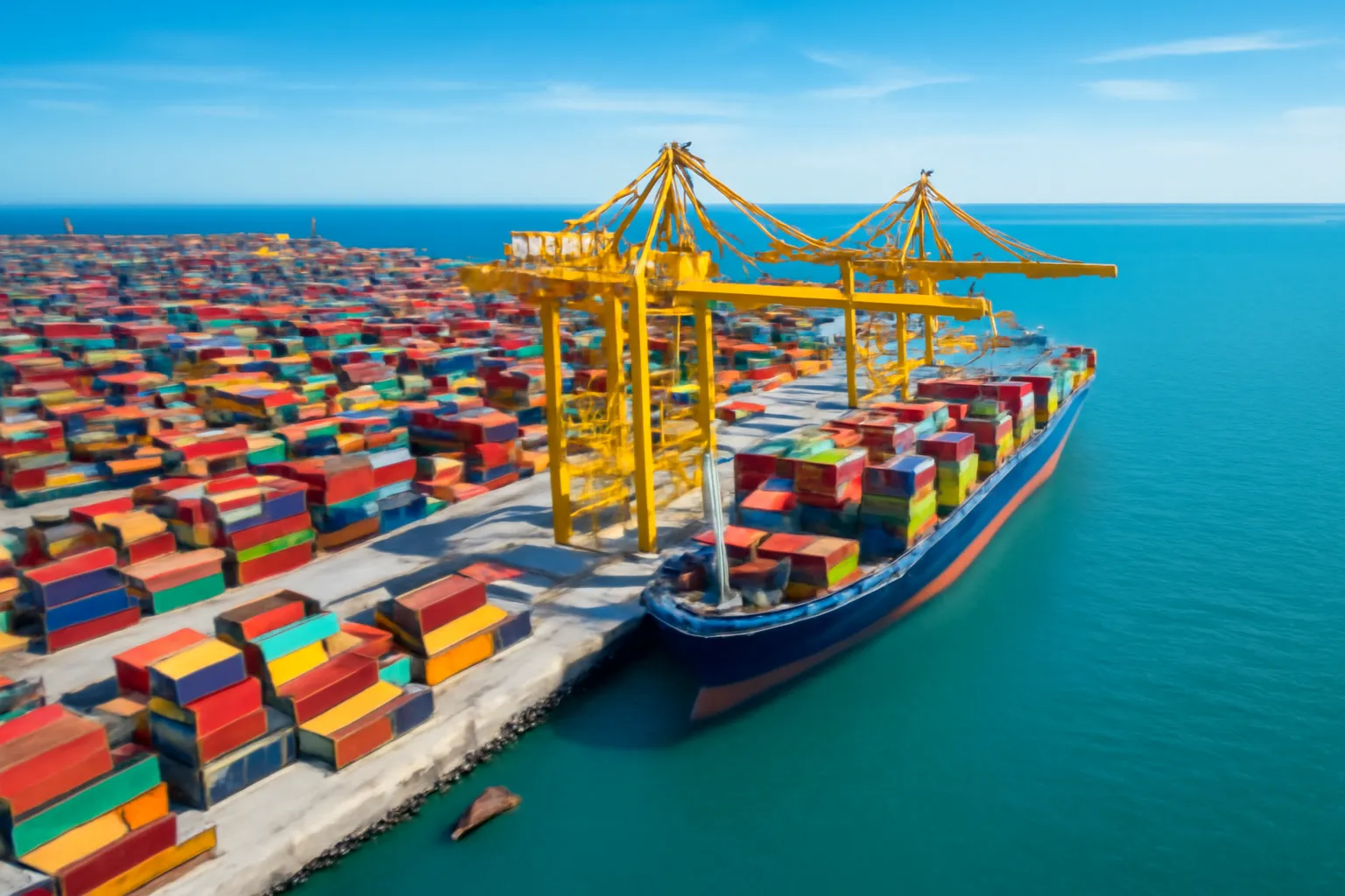 Cảng container nhìn từ trên cao với cần cẩu đang bốc xếp những thùng hàng nhiều màu