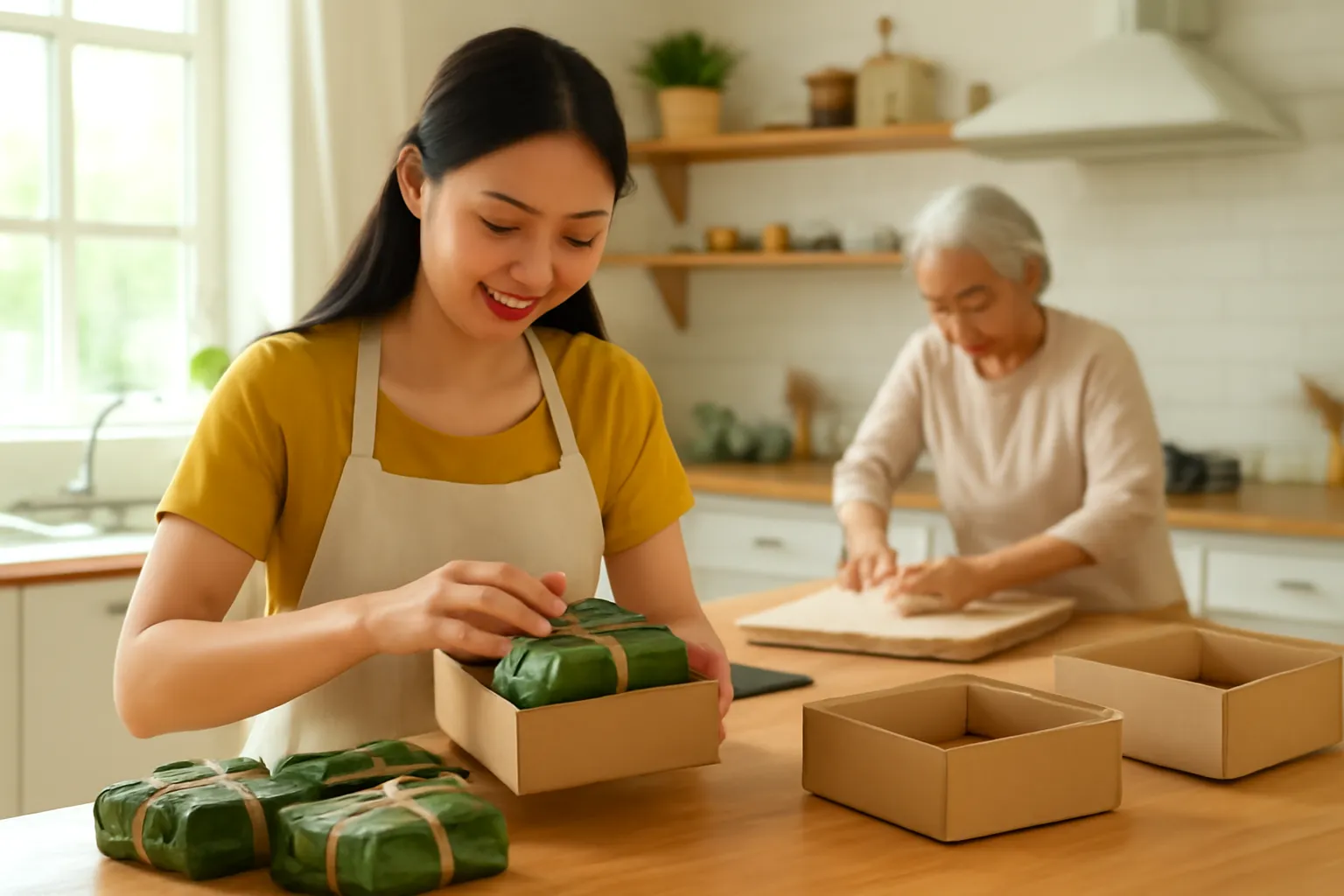 Cô chủ tiệm bánh cổ truyền đóng hộp bánh để gửi đi trong bếp sáng sủa