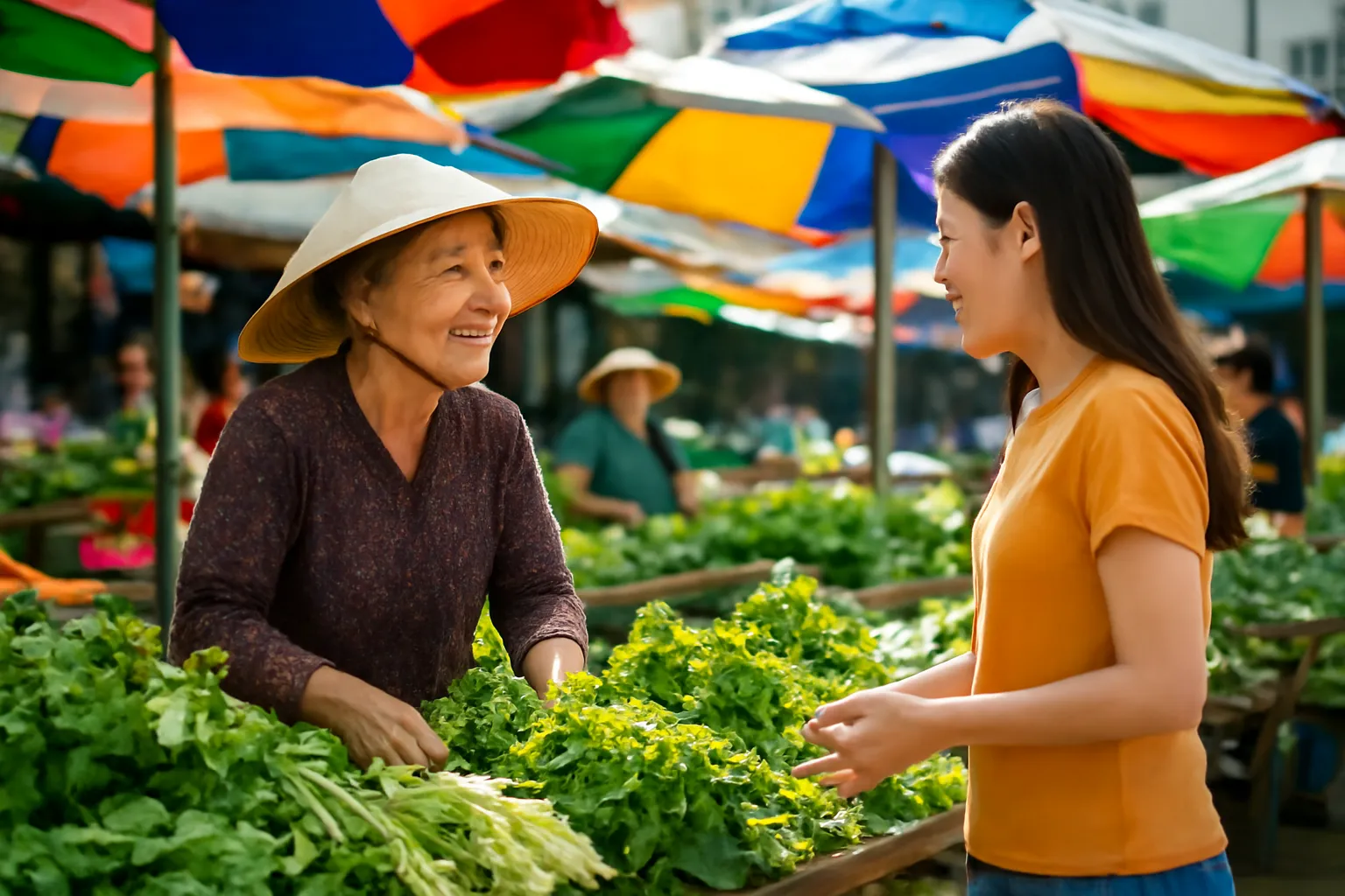Chợ sáng đông vui, bà bán rau trò chuyện với khách bên sạp rau tươi