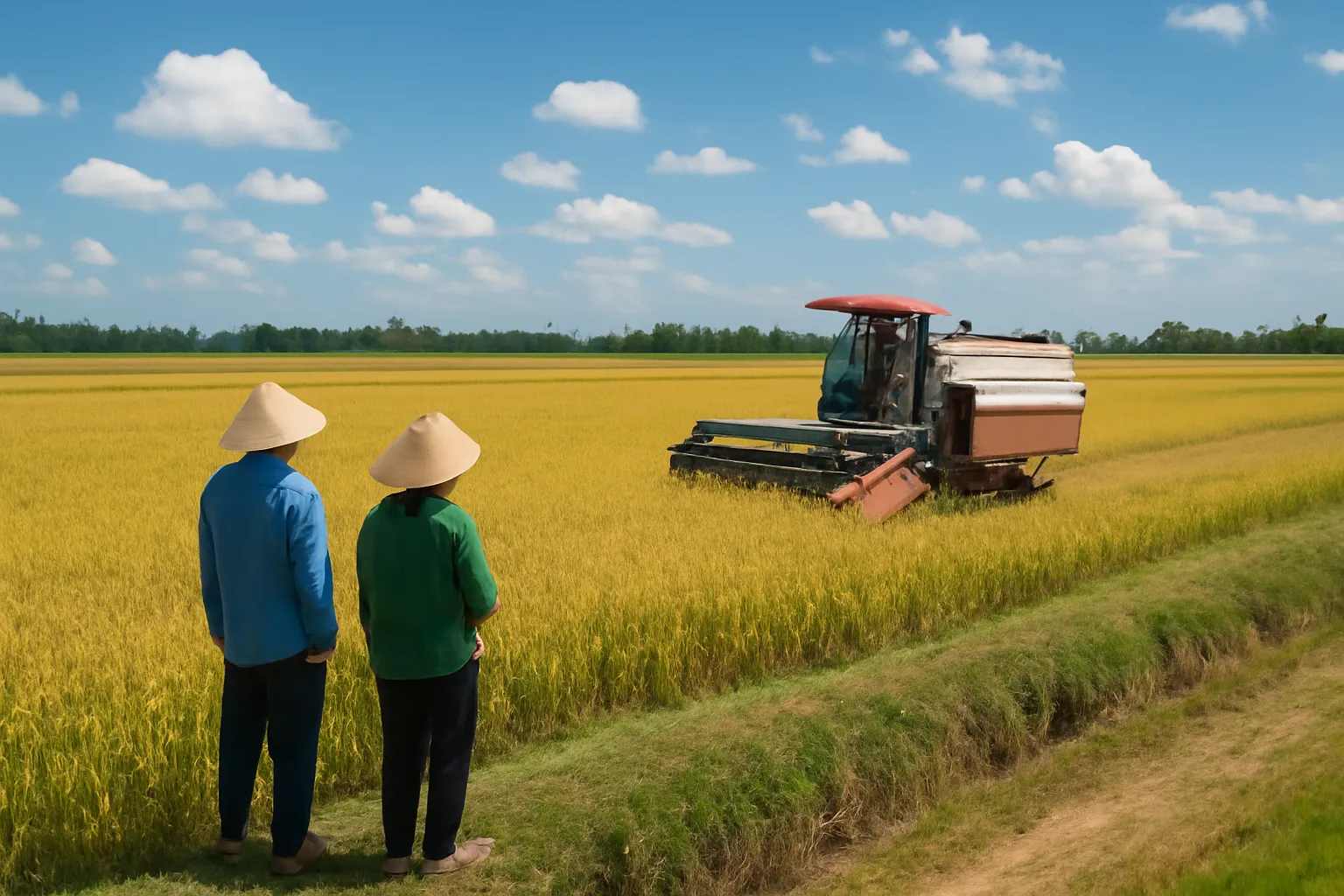 Máy gặt đập liên hợp làm việc trên cánh đồng lúa chín vàng ở đồng bằng