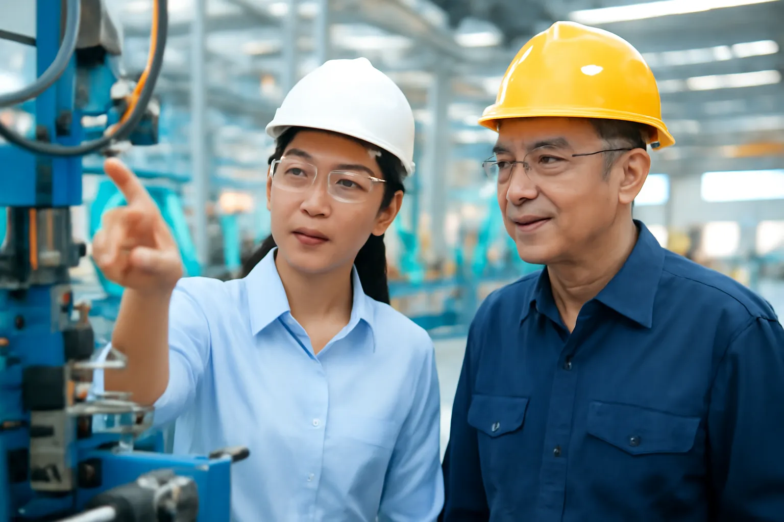 Kỹ sư trẻ chỉ vào một bộ phận máy, người quản đốc lớn tuổi gật đầu lắng nghe